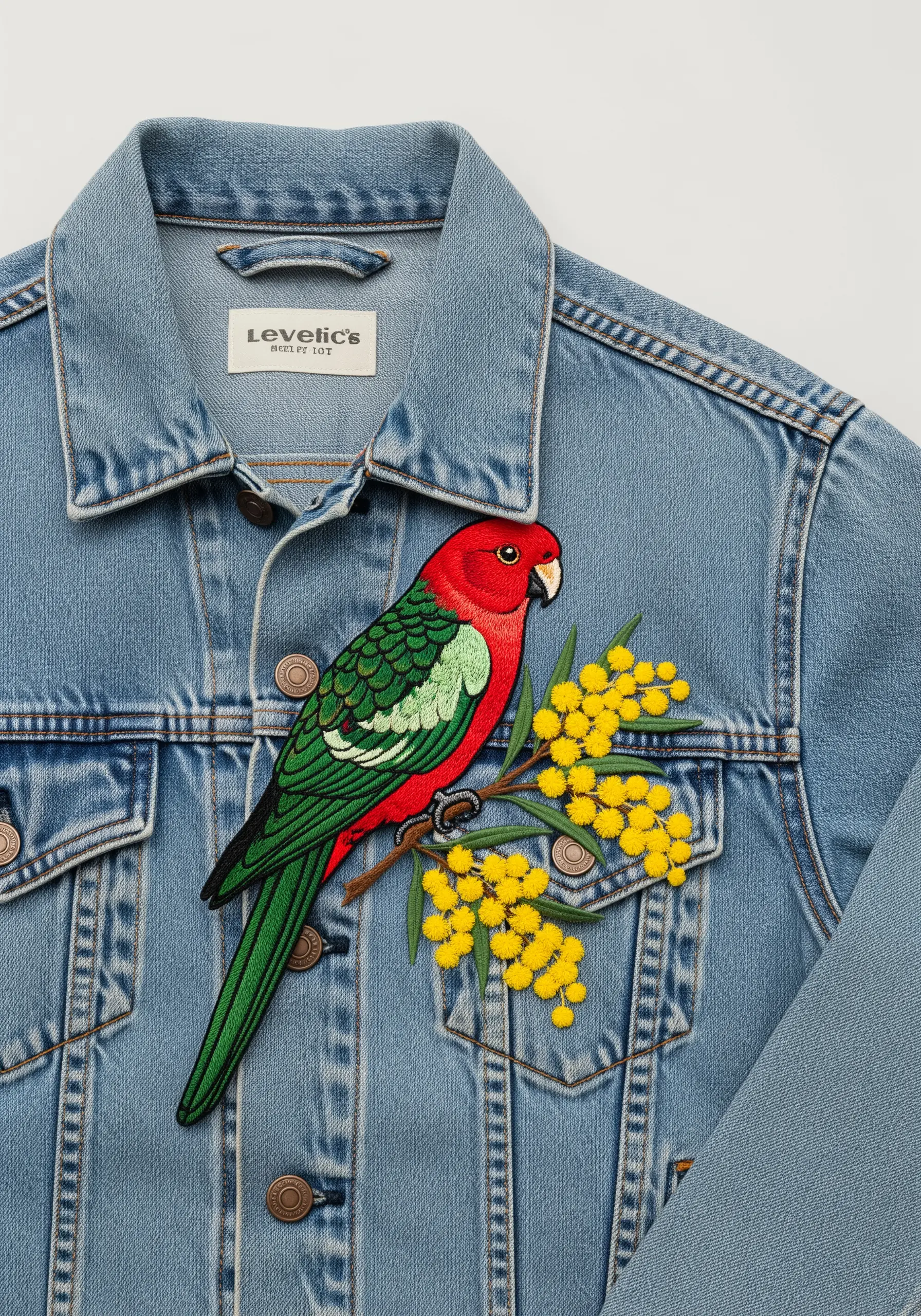 A red and green Crimson Rosella parrot perched on a branch with yellow mimosa flowers.