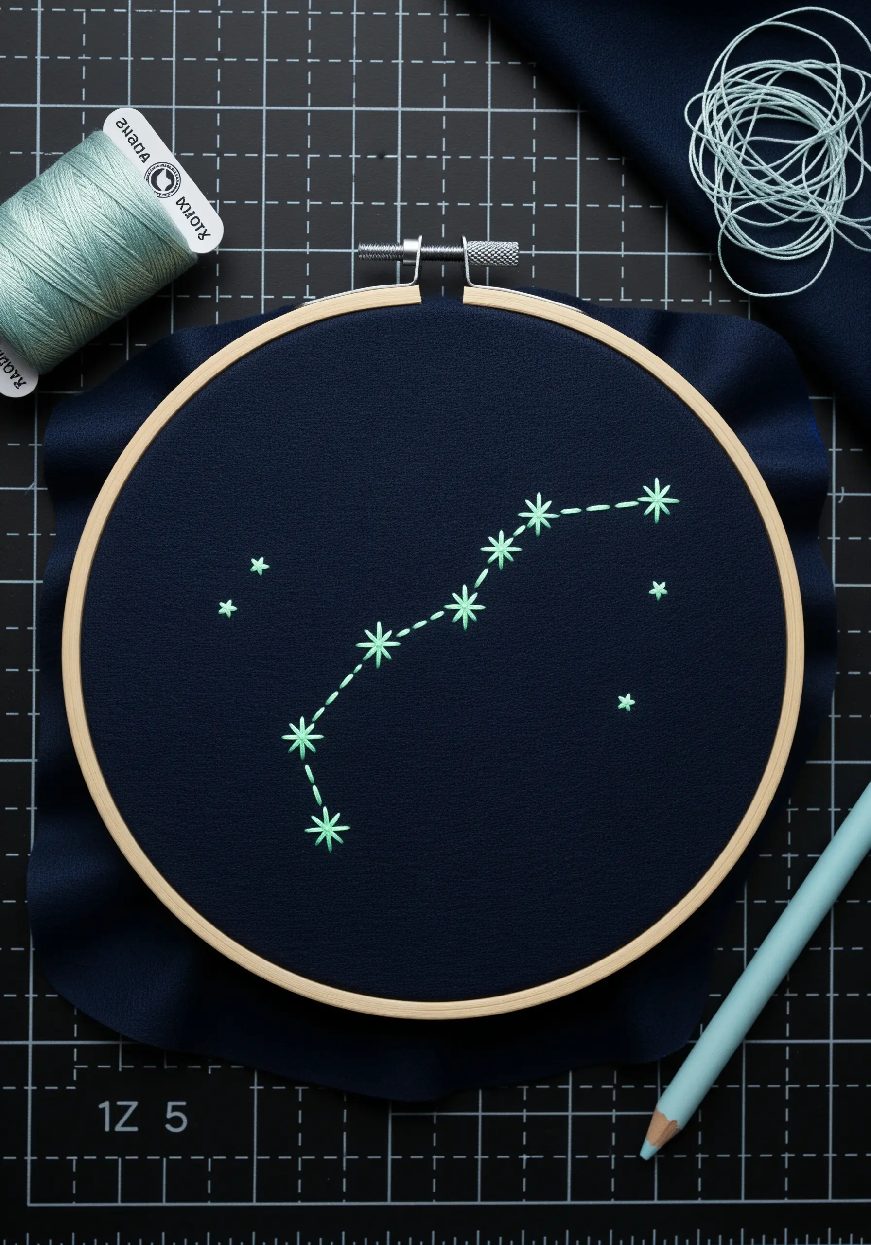 A constellation stitched with mint green glow-in-the-dark thread on a dark navy background.