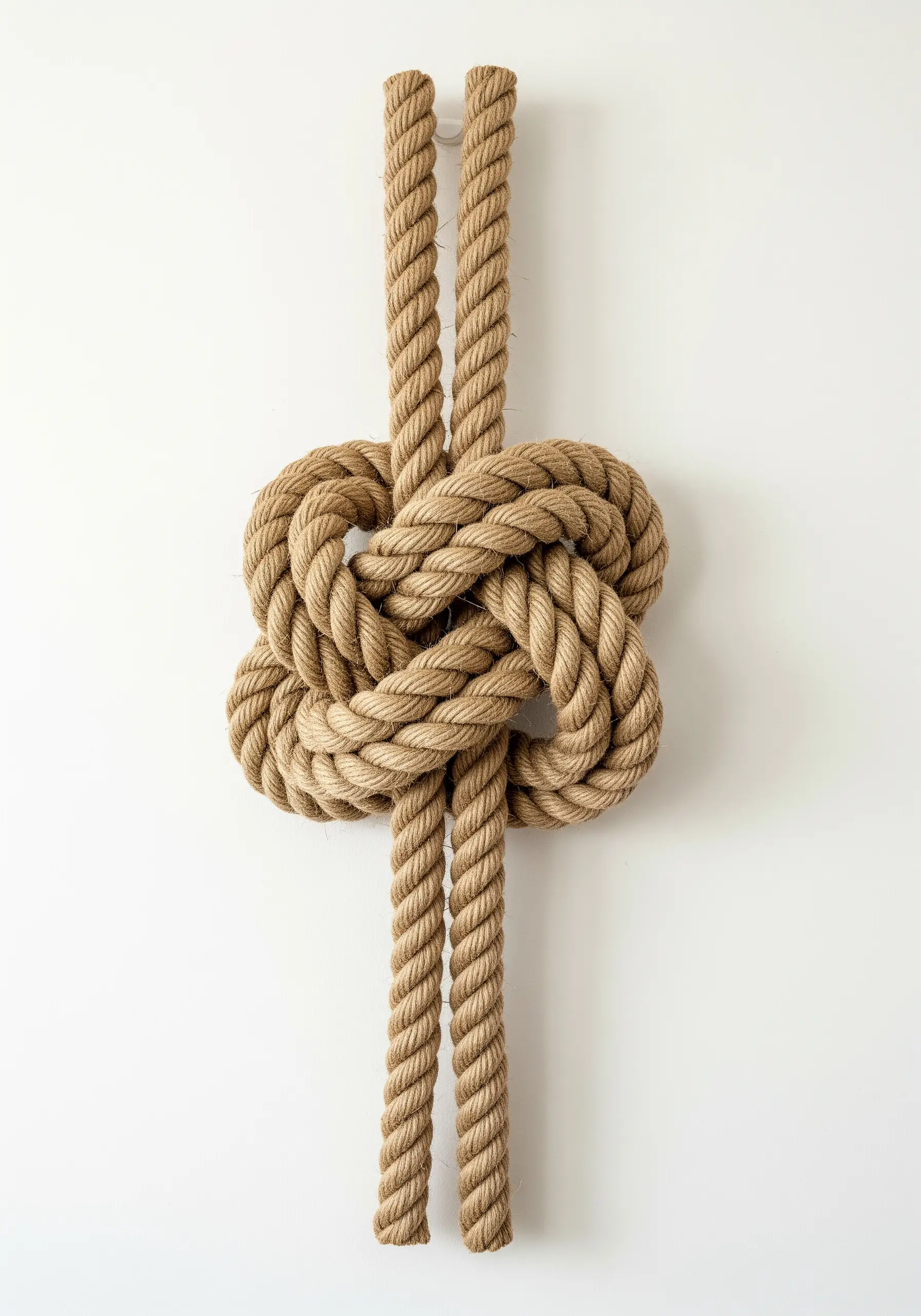 A large, intricate knot tied from thick jute rope, mounted on a white wall as art