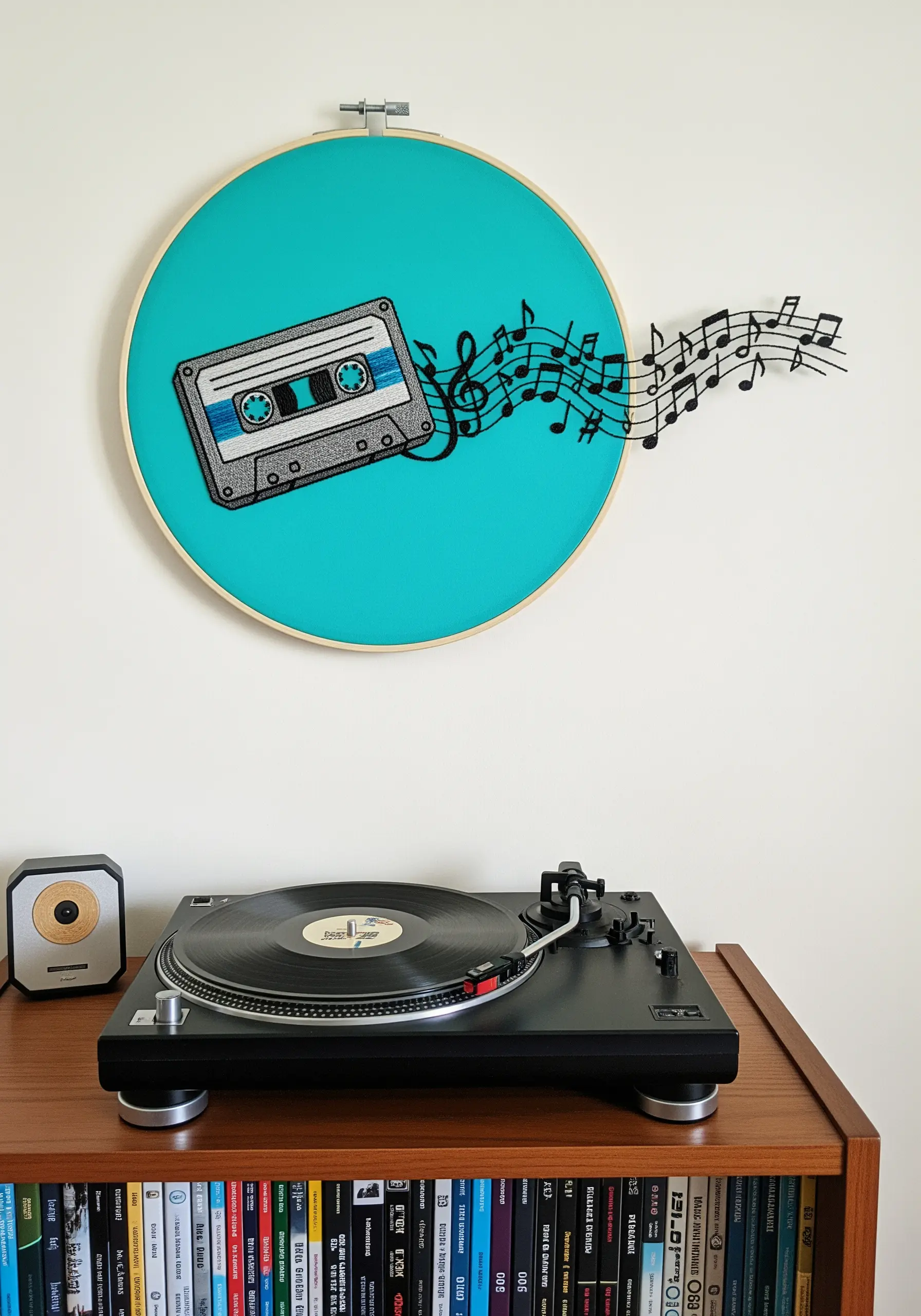 An embroidered cassette tape in a teal hoop, with musical notes extending onto the wall.