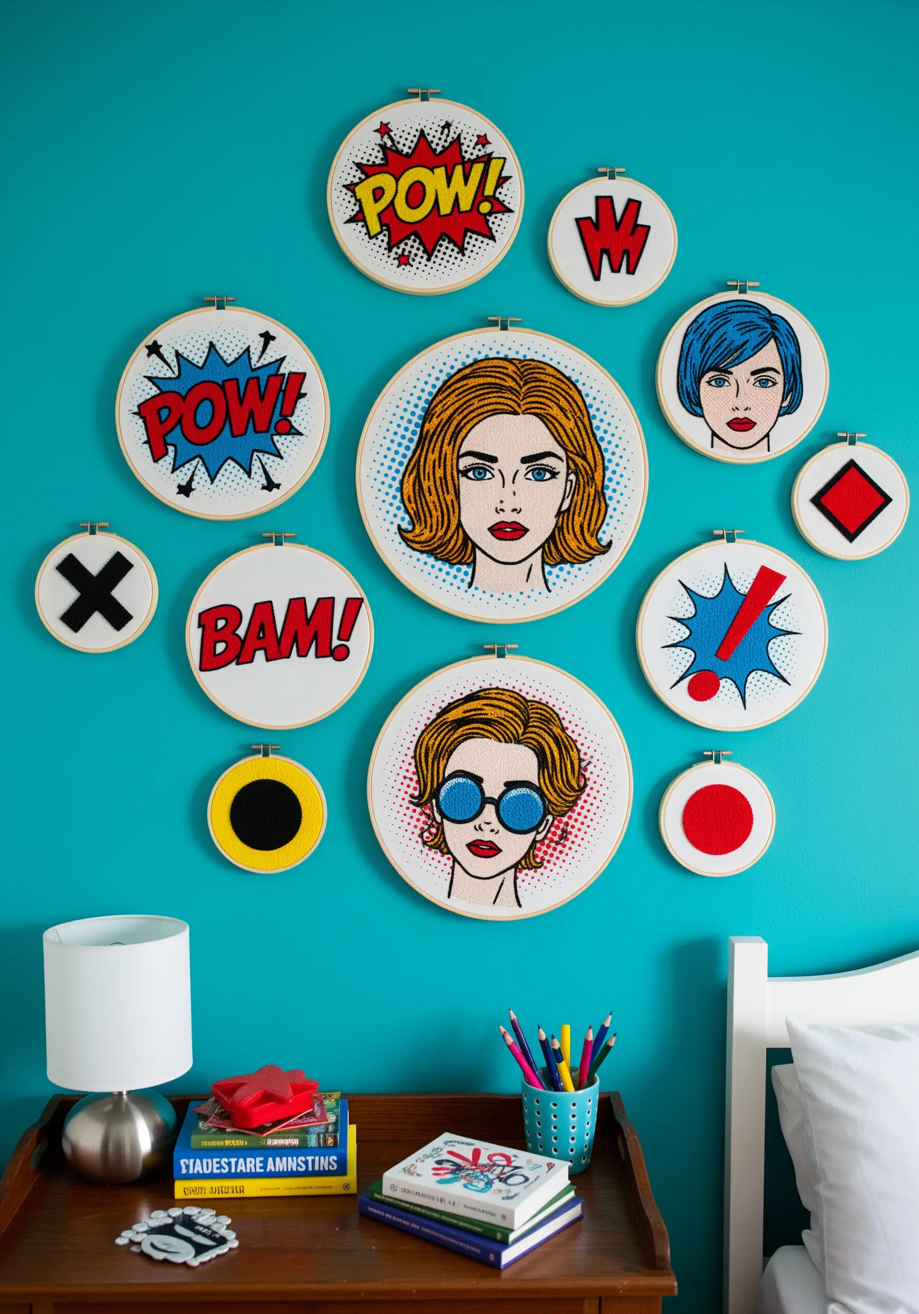 A dynamic arrangement of pop art embroidery hoops with comic book-style portraits and sound effects.