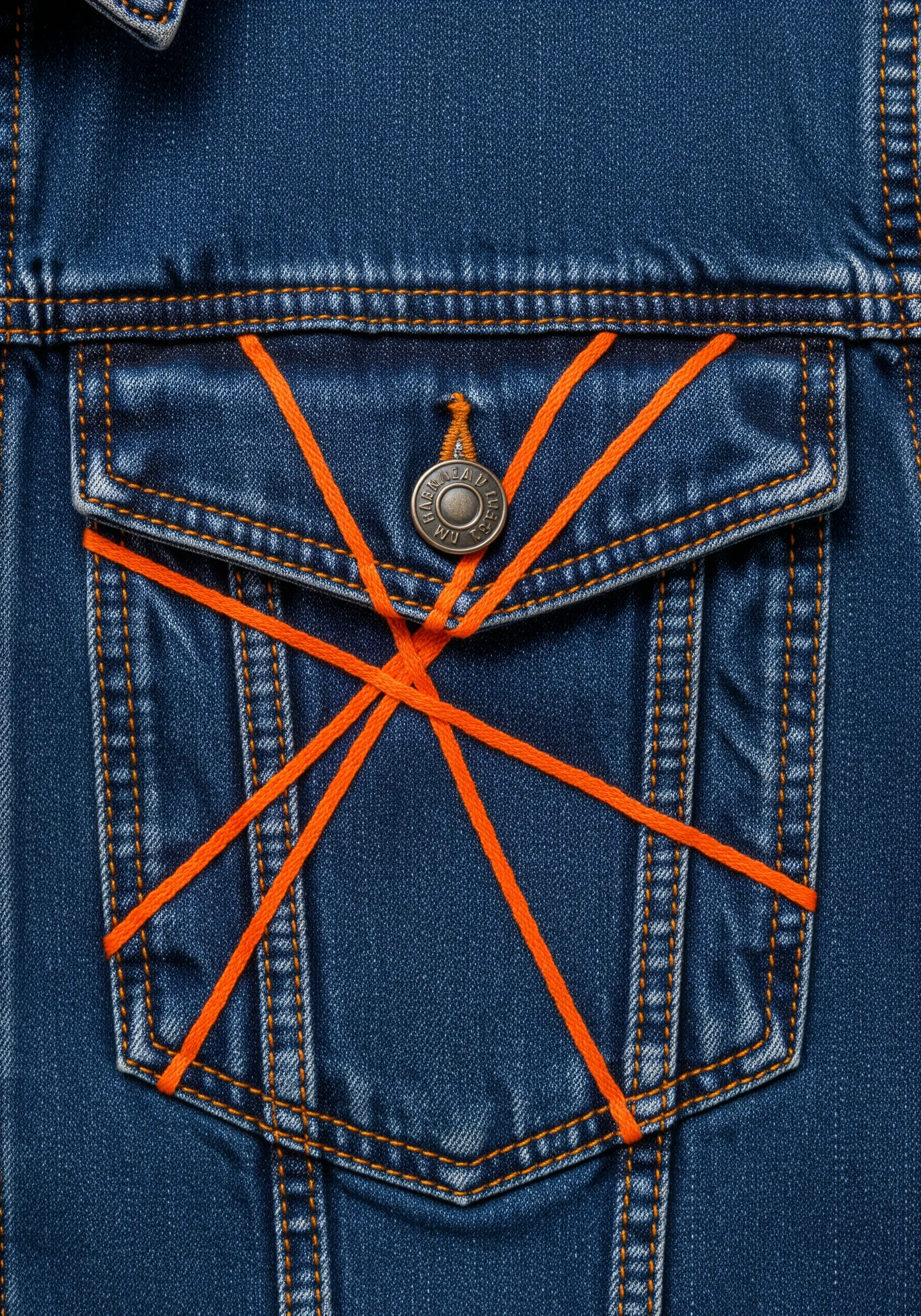Bold, abstract lines of thick orange yarn stitched across a dark denim jacket pocket.