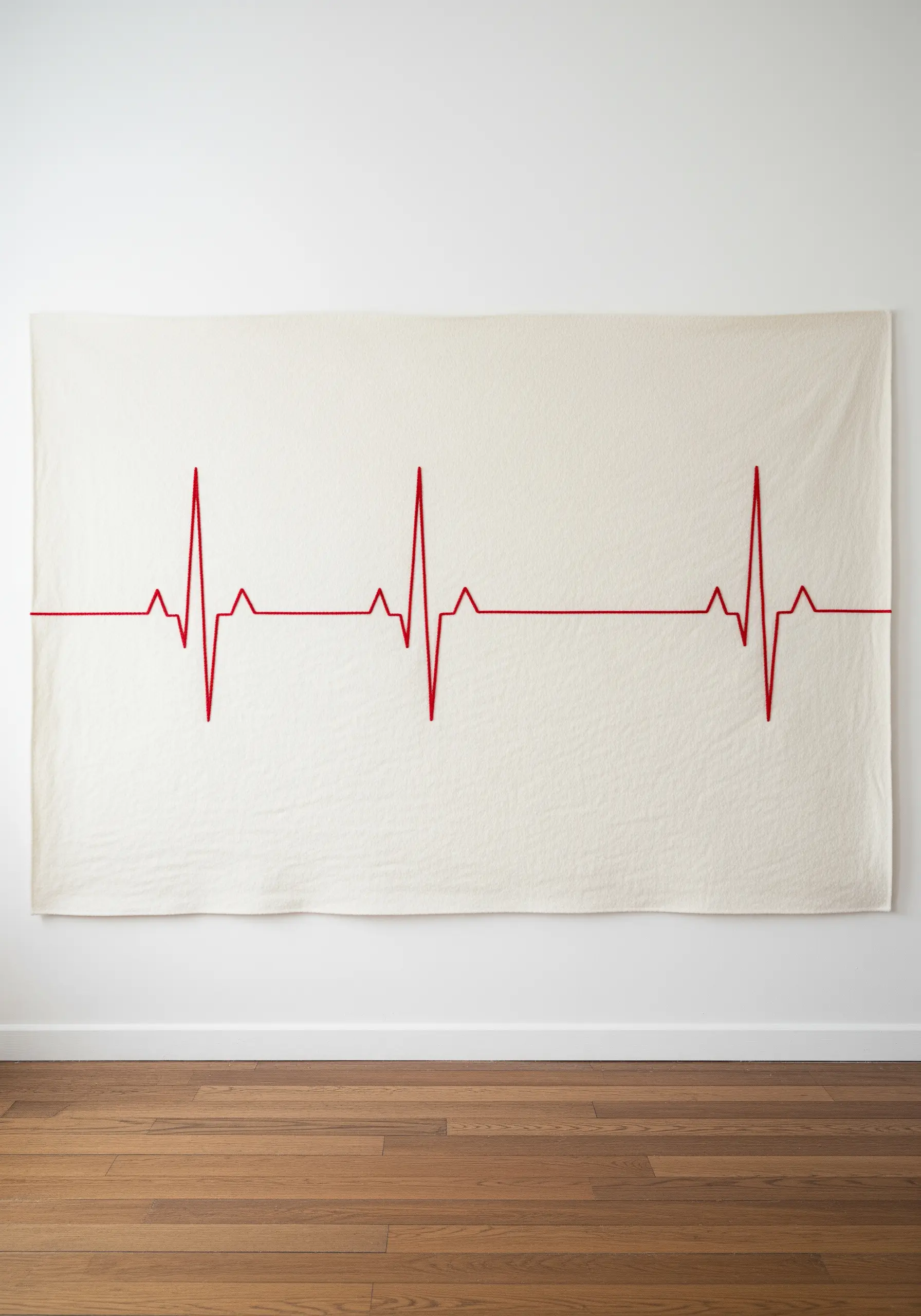 A large, minimalist wall hanging featuring a single red embroidered line representing a heartbeat.