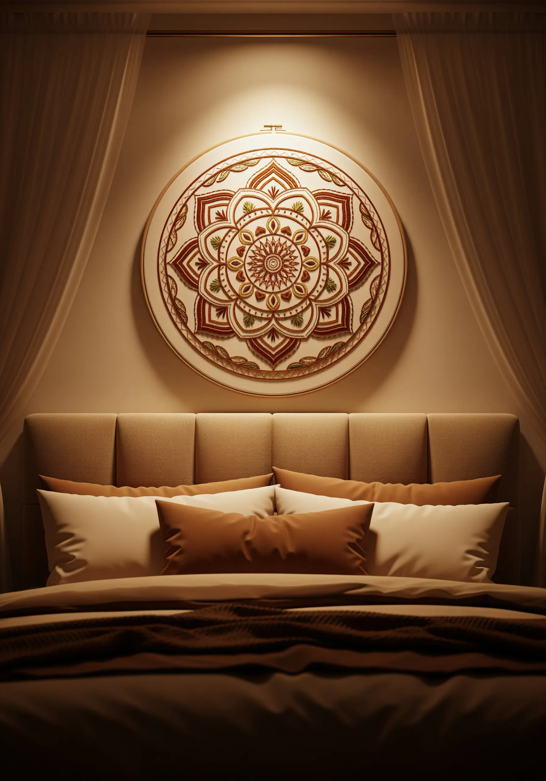 Large embroidered mandala in terracotta, olive, and gold tones hanging above a bed