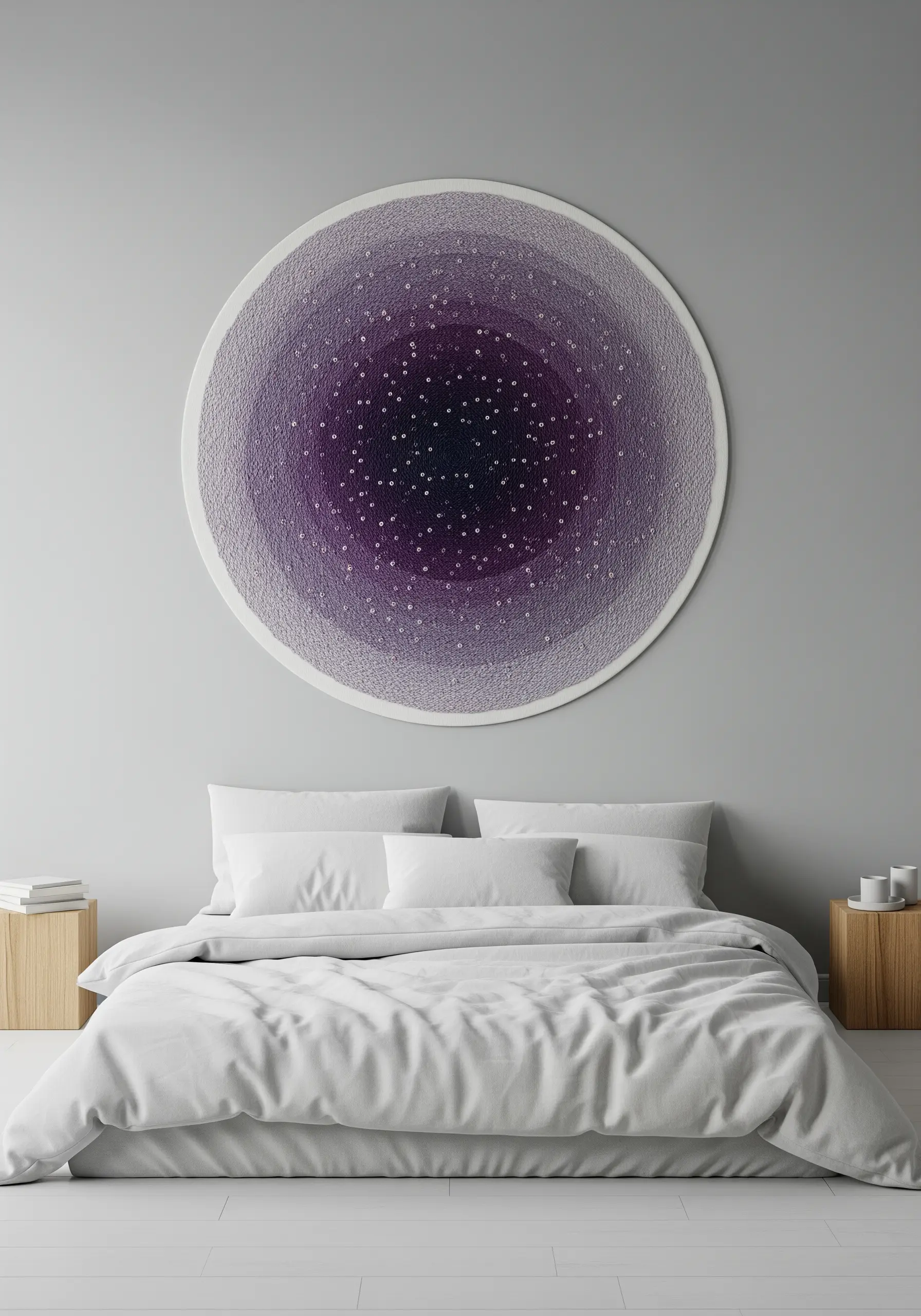 Large circular string art with a purple gradient, resembling a galaxy, hanging above a minimalist bed.