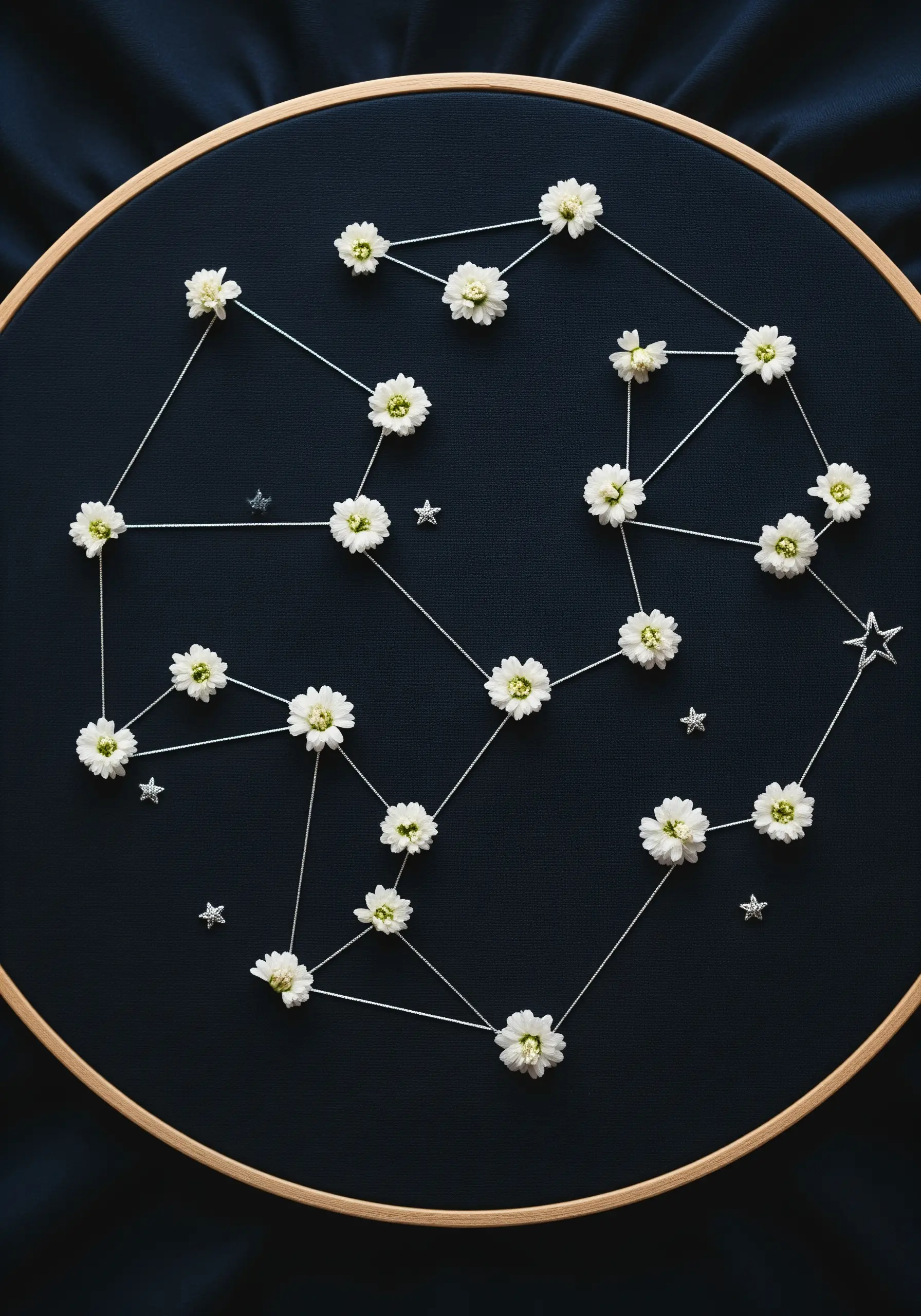 A constellation stitched with white thread on black fabric, using tiny flowers as stars.