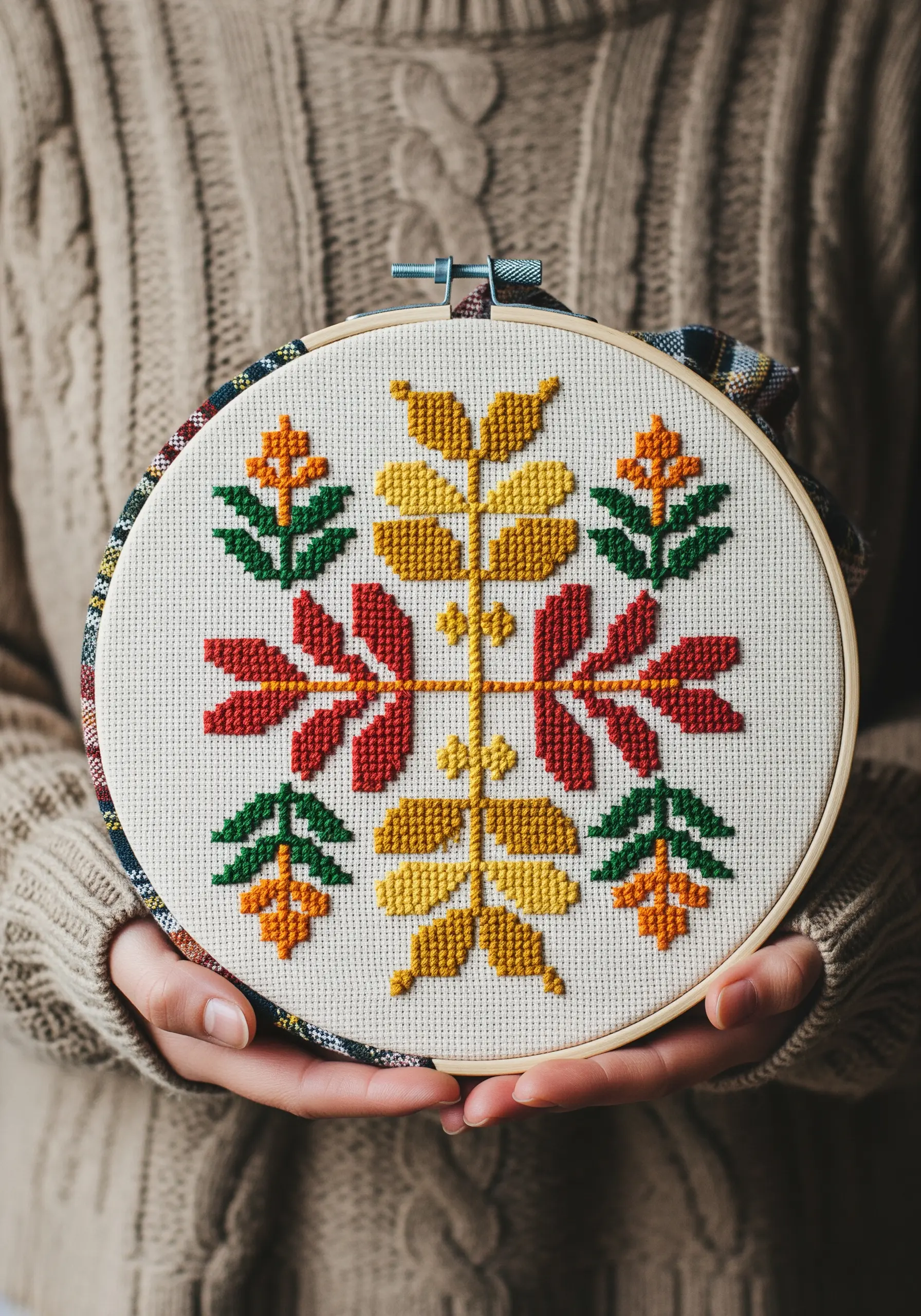 Symmetrical folk art cross-stitch pattern with leaf and flower motifs.