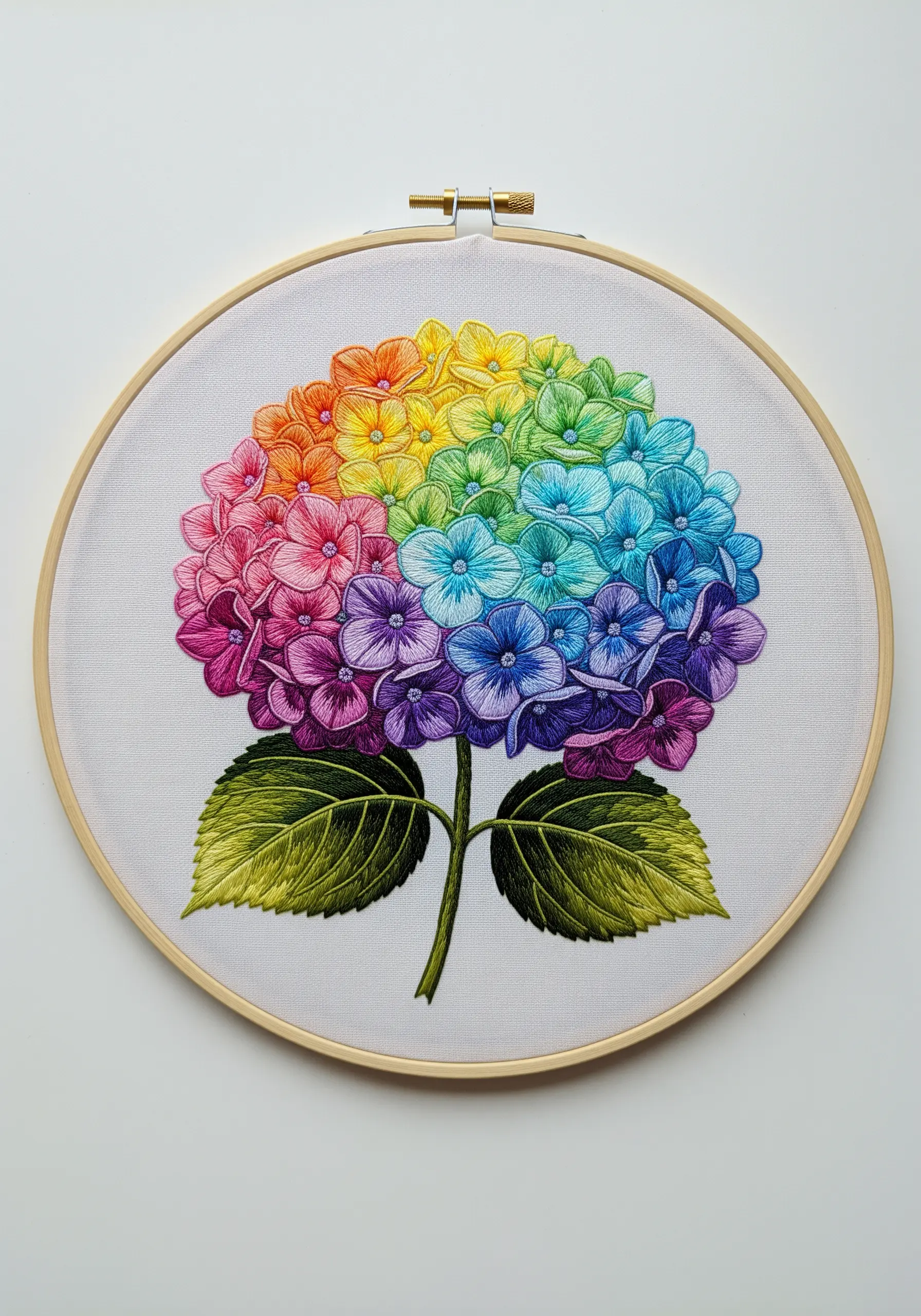 A single hydrangea embroidered with a full rainbow gradient of colors in a wooden hoop.