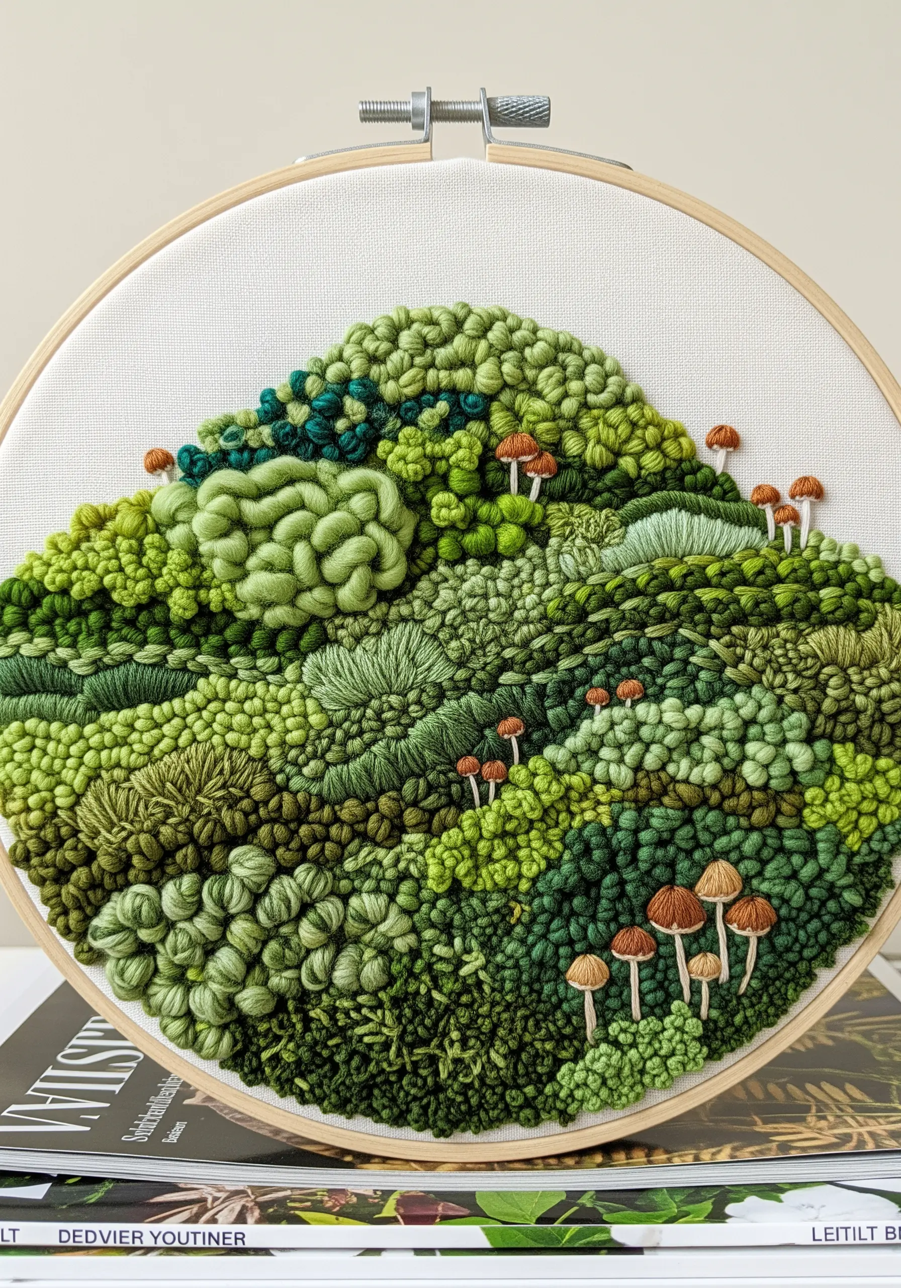 A highly textural landscape of green mosses, using a wide variety of embroidery stitches.