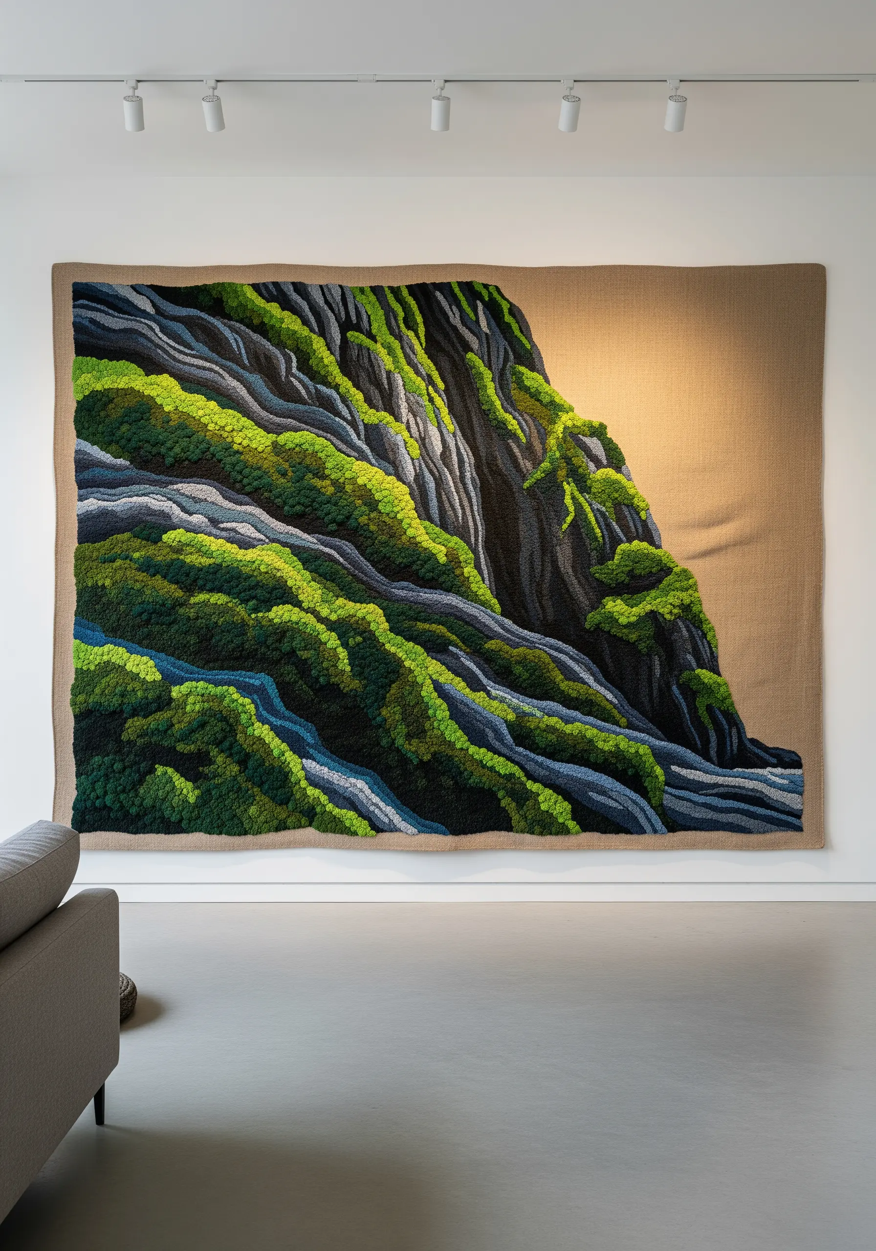 A very large tapestry of a mossy green cliffside with flowing lines of blue and grey.
