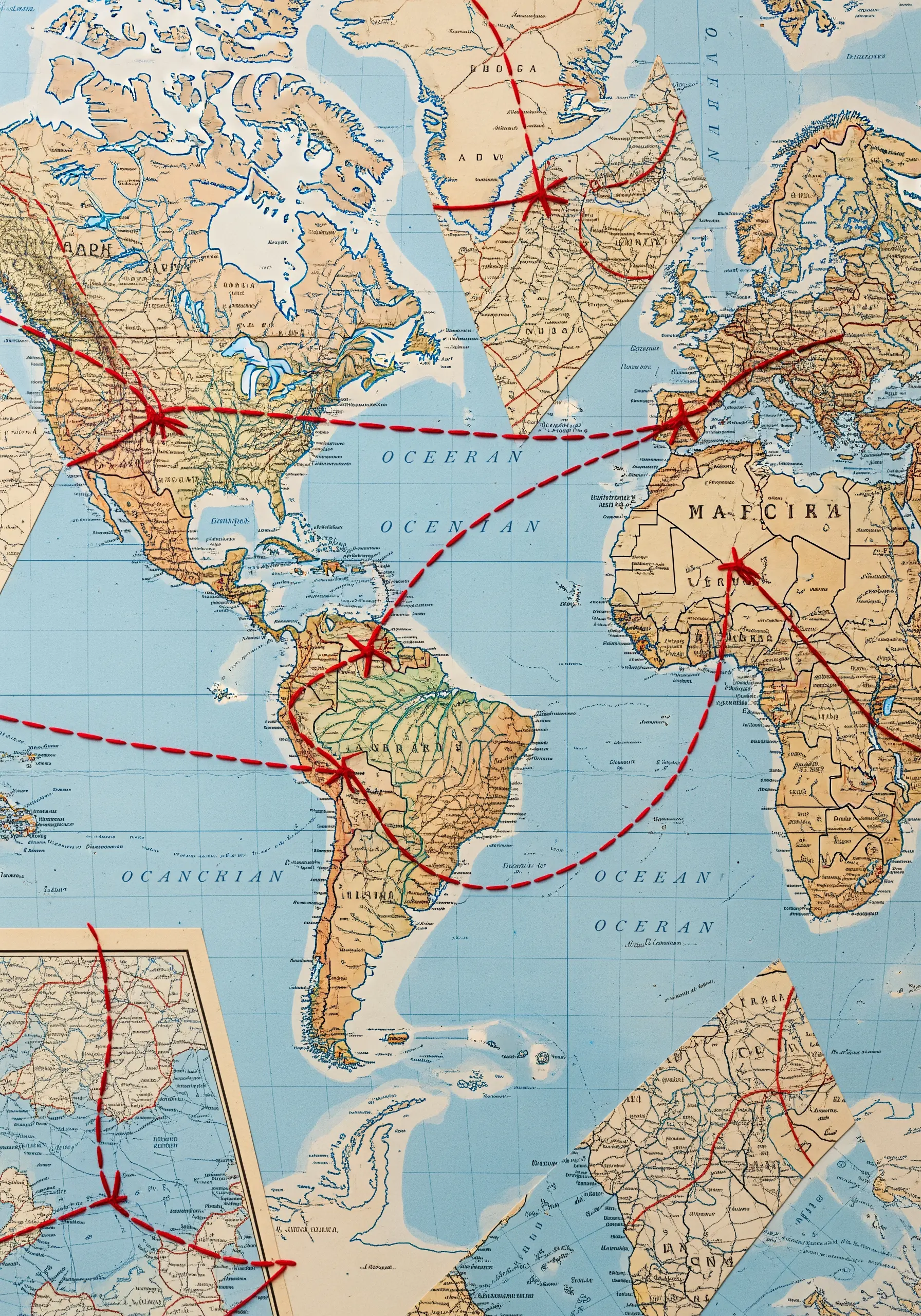 A world map with travel routes and destinations marked with red backstitch lines.