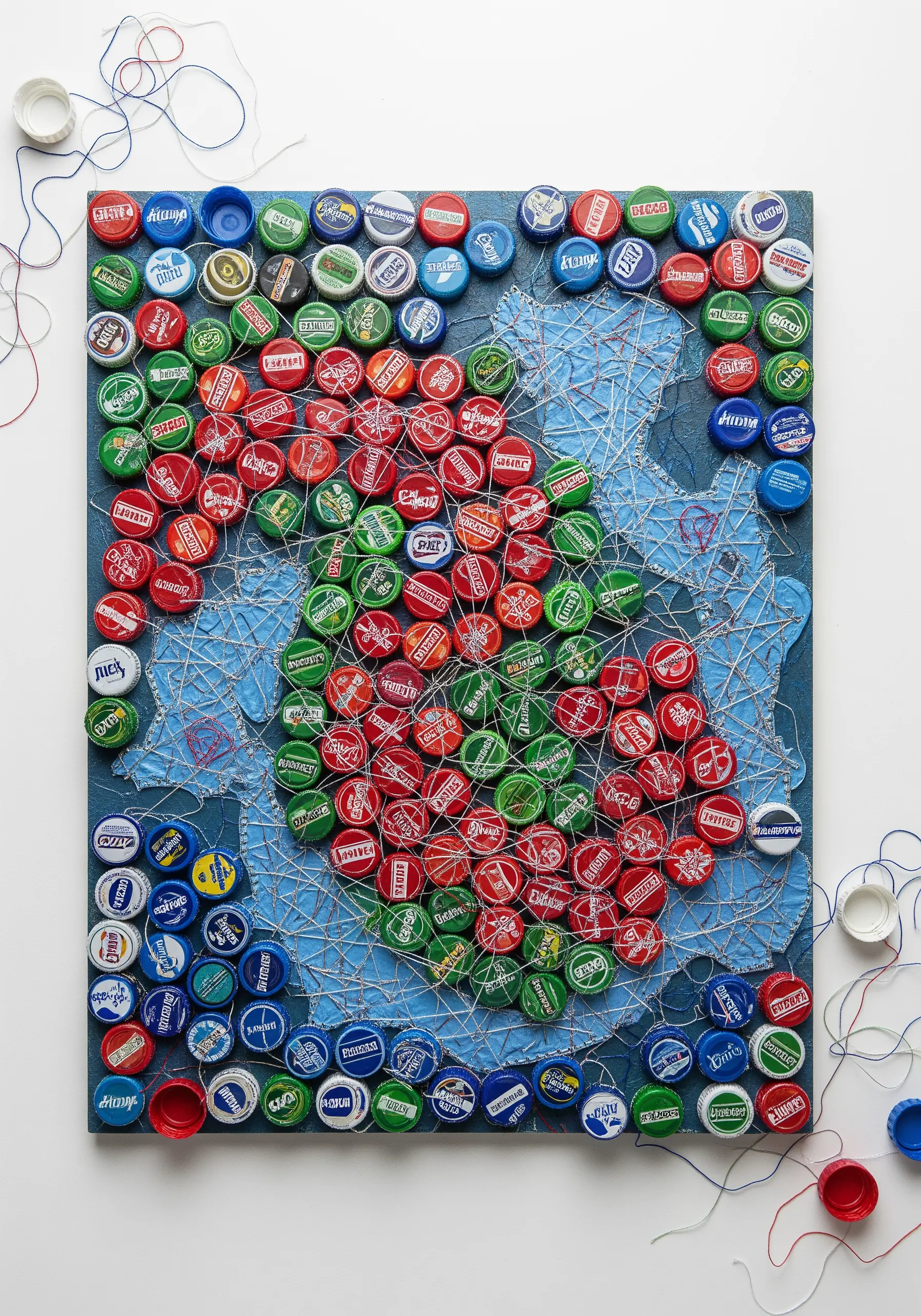 A world map art piece made from colorful bottle caps secured with a web of string.