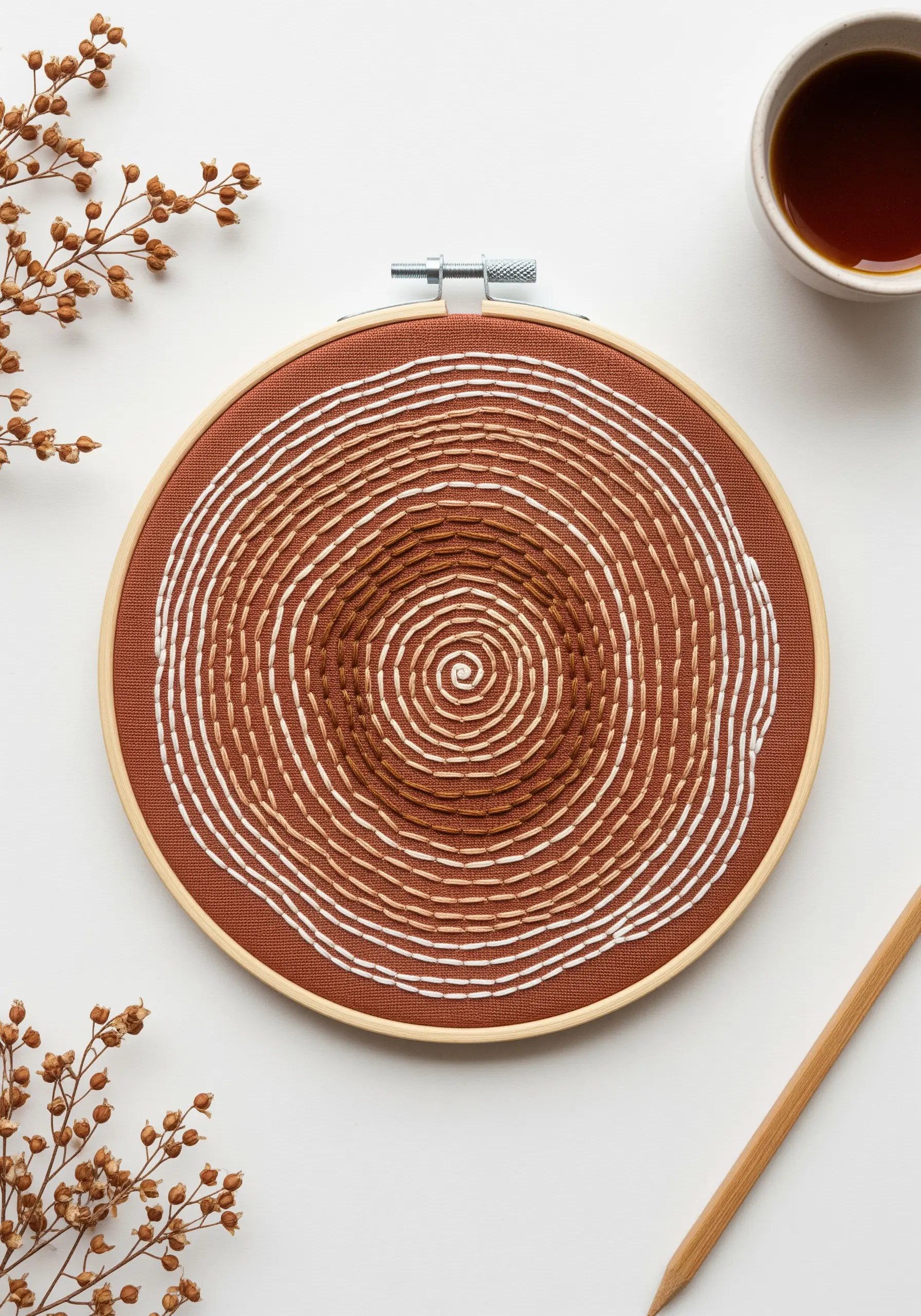 Abstract embroidery of tree rings using running stitches in shades of brown and white.