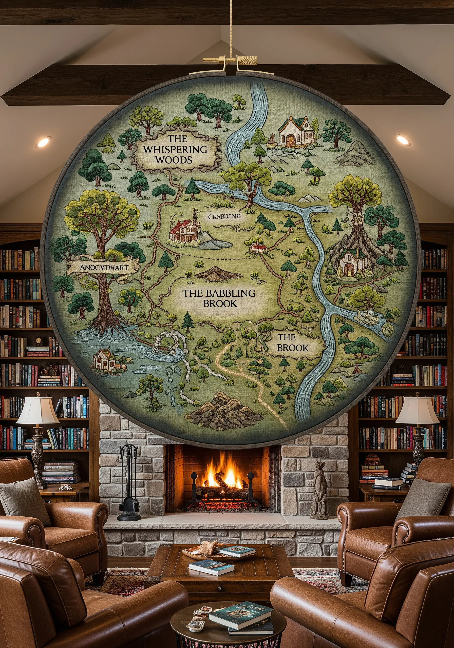 A very large, detailed embroidered fantasy map hanging over a fireplace.