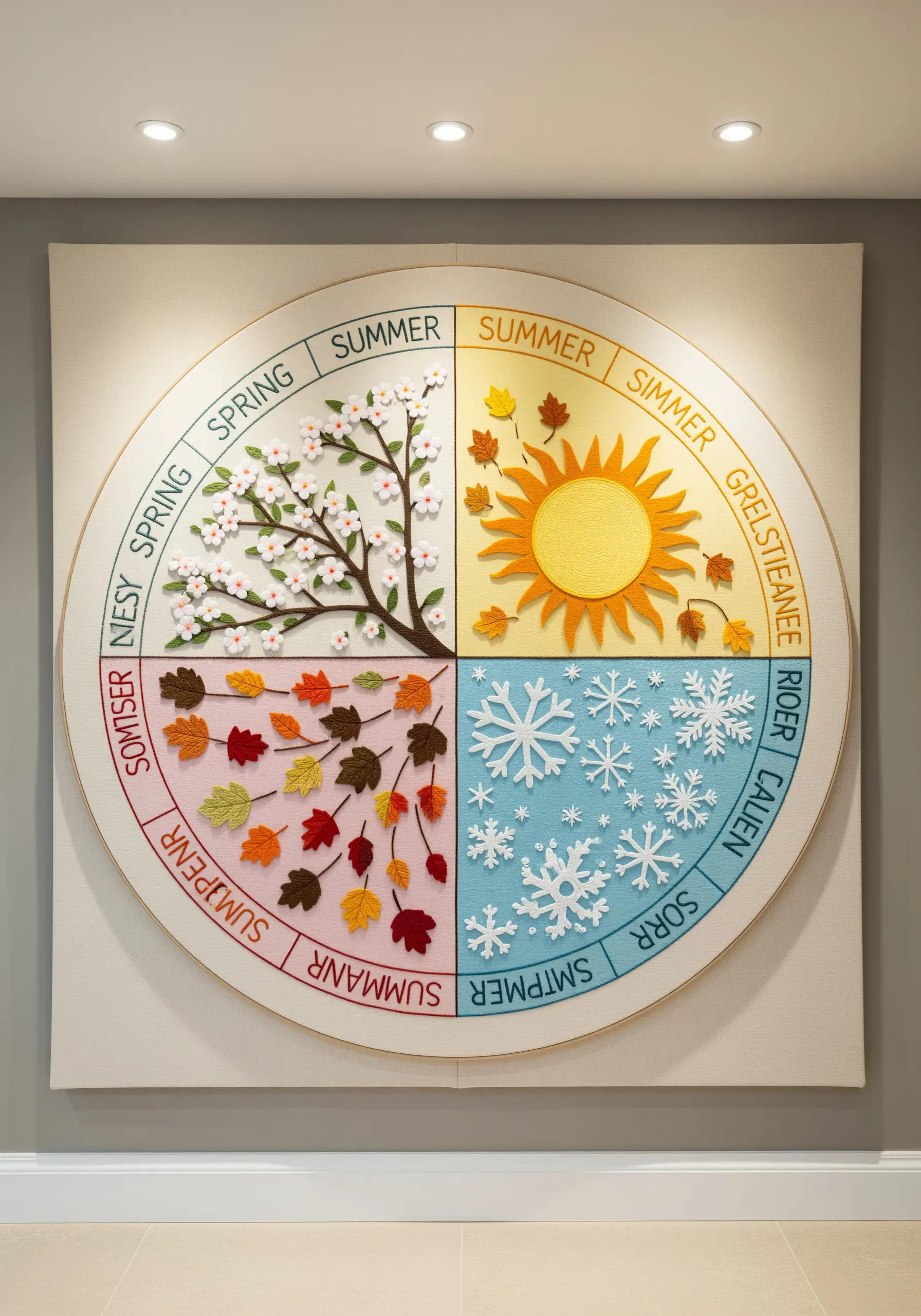 A large, circular wall hanging depicting the four seasons with felt appliqué elements