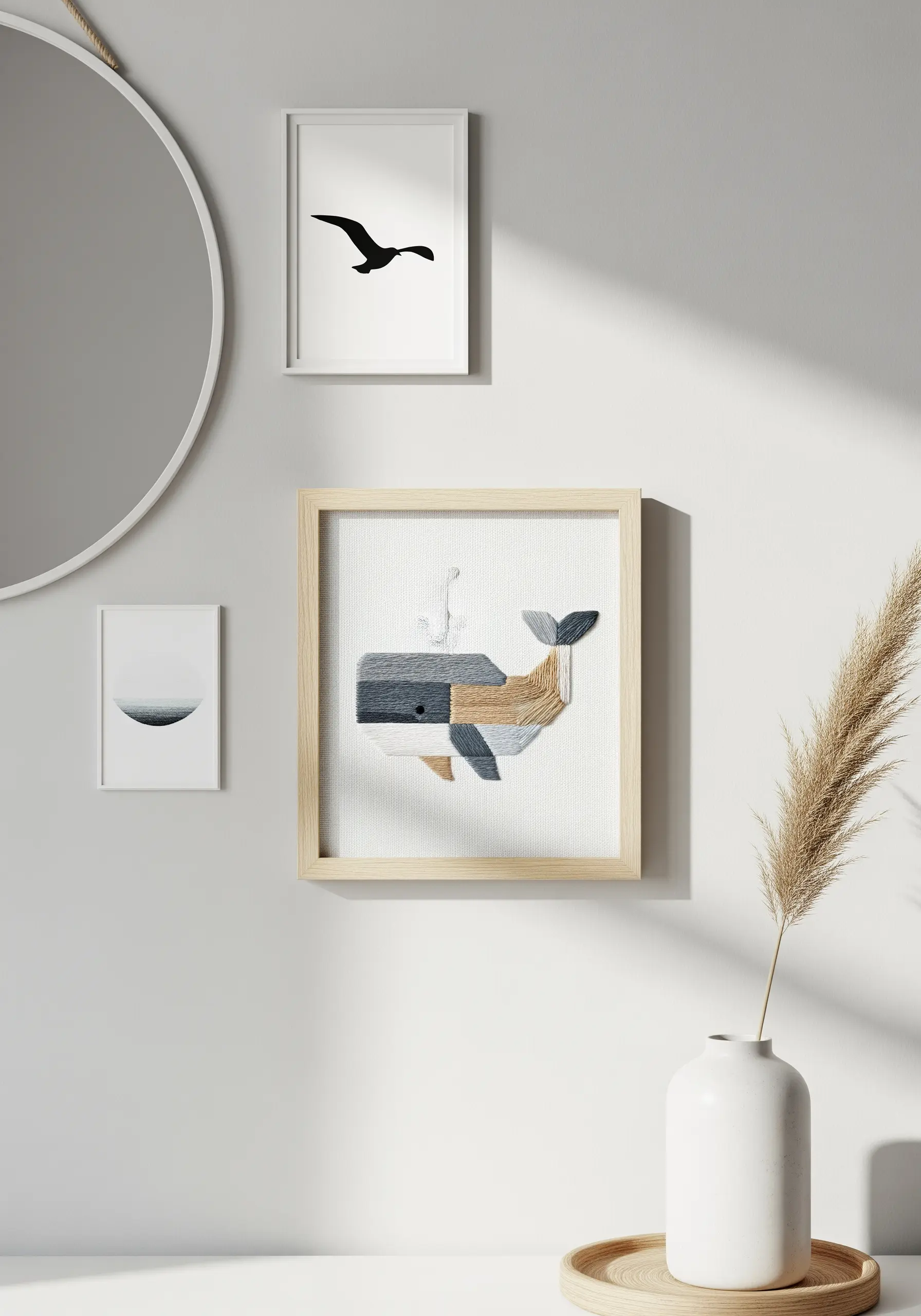 Geometric whale embroidered with color-blocked sections in a simple wooden frame on a wall.