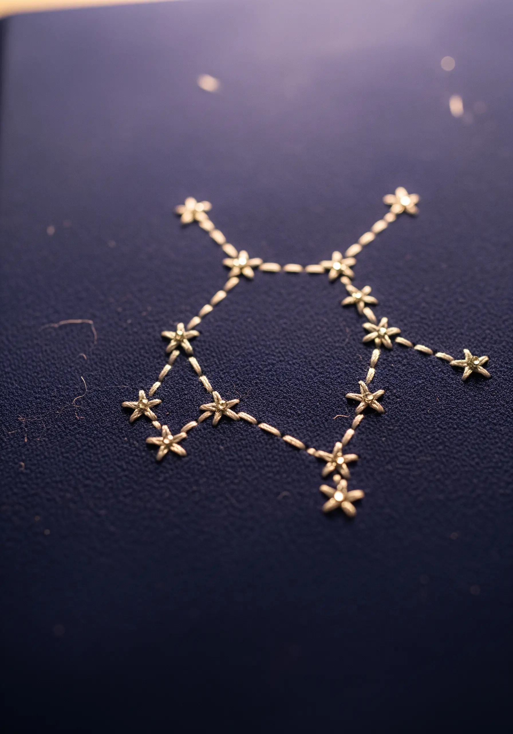 A constellation embroidered with small gold star stitches on a dark navy journal cover.