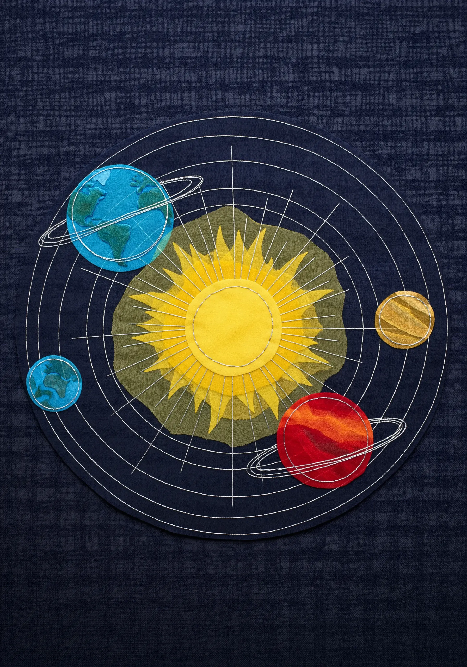 A fabric collage of the solar system with organza planets and stitched white orbital lines on dark blue fabric.