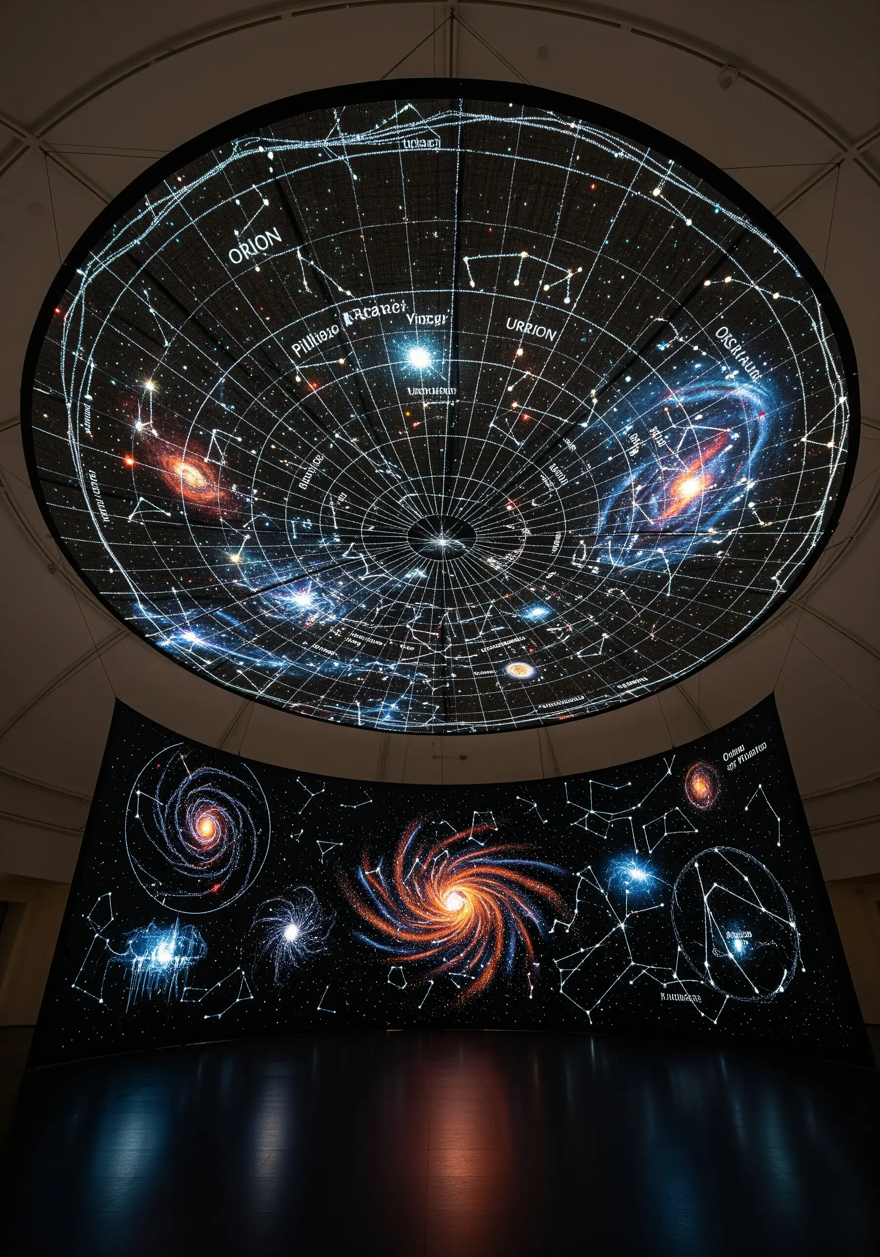 A large, domed planetarium ceiling displaying a glowing map of constellations and galaxies.