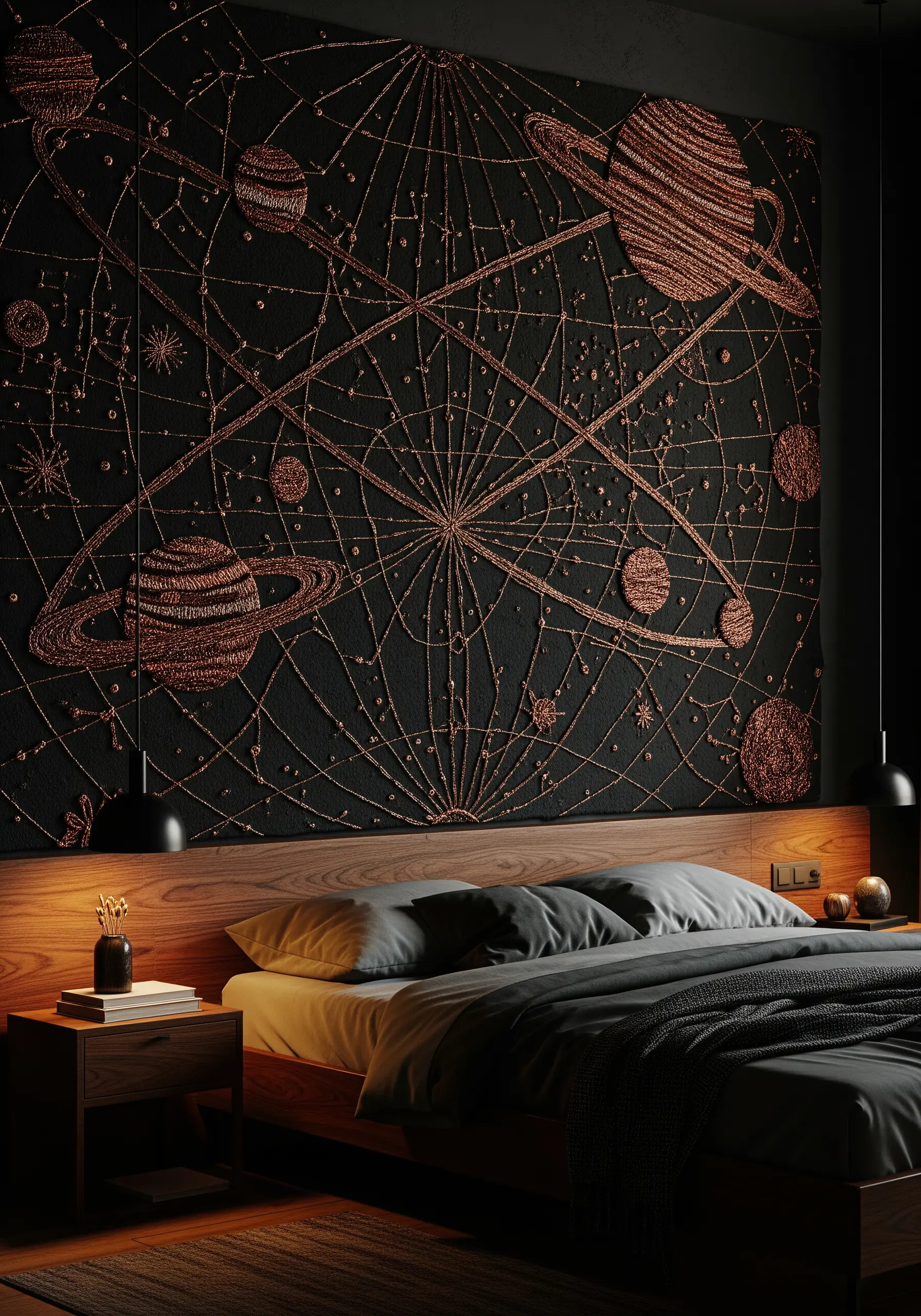 A dramatic black wall hanging featuring a celestial map embroidered with raised copper metallic cording