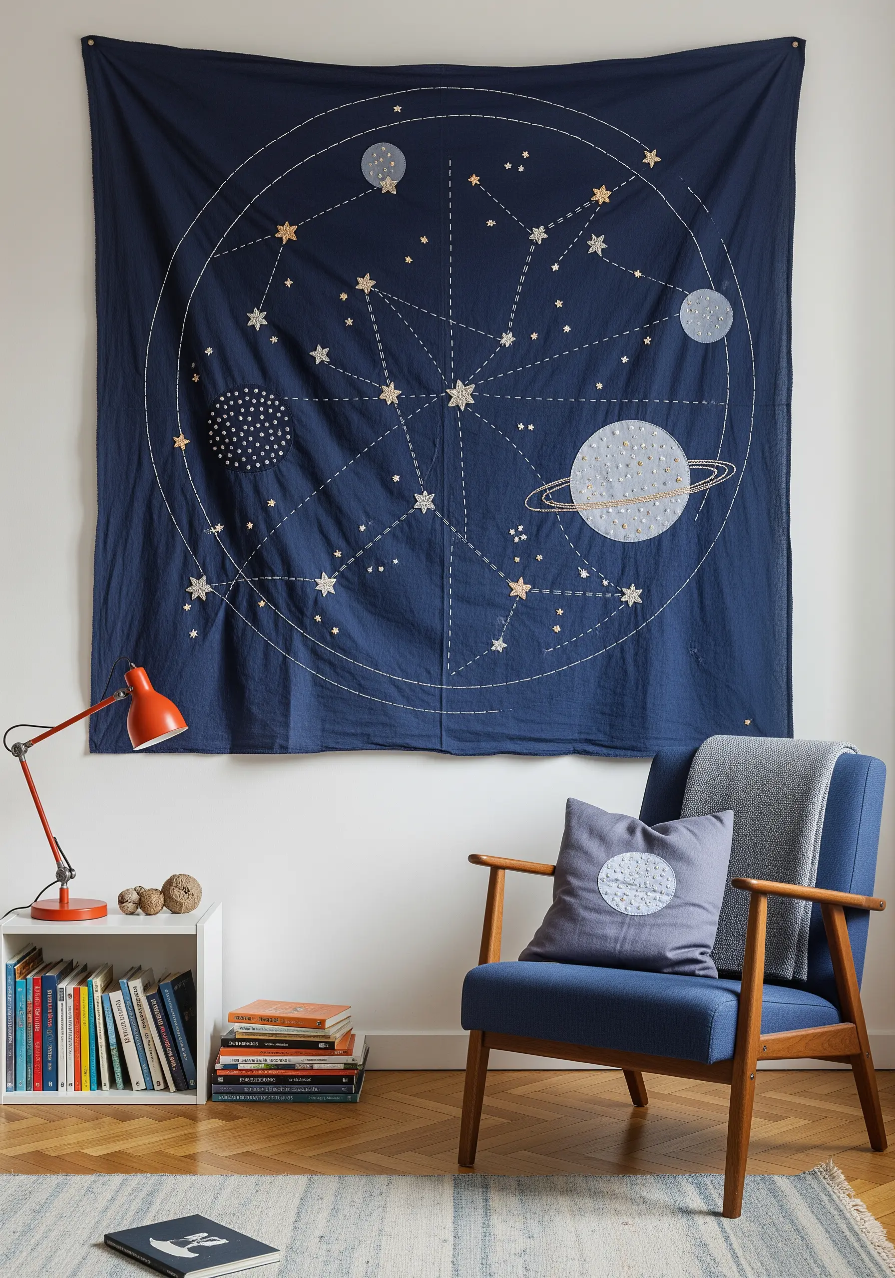 Large celestial map embroidered with white and silver thread on a navy blue textile.