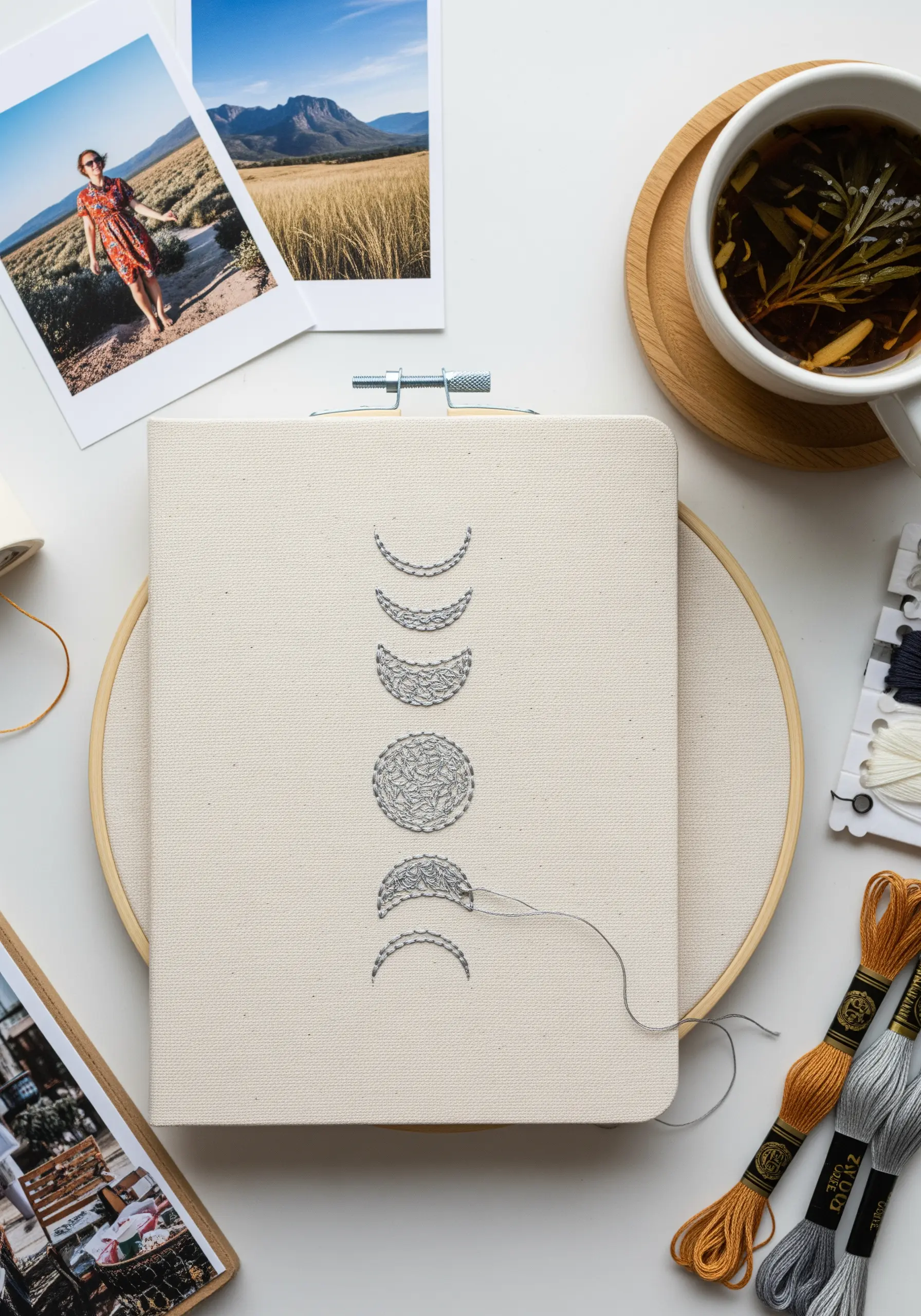 Moon phases embroidered in silver thread on a notebook, using varied fill stitches for texture.