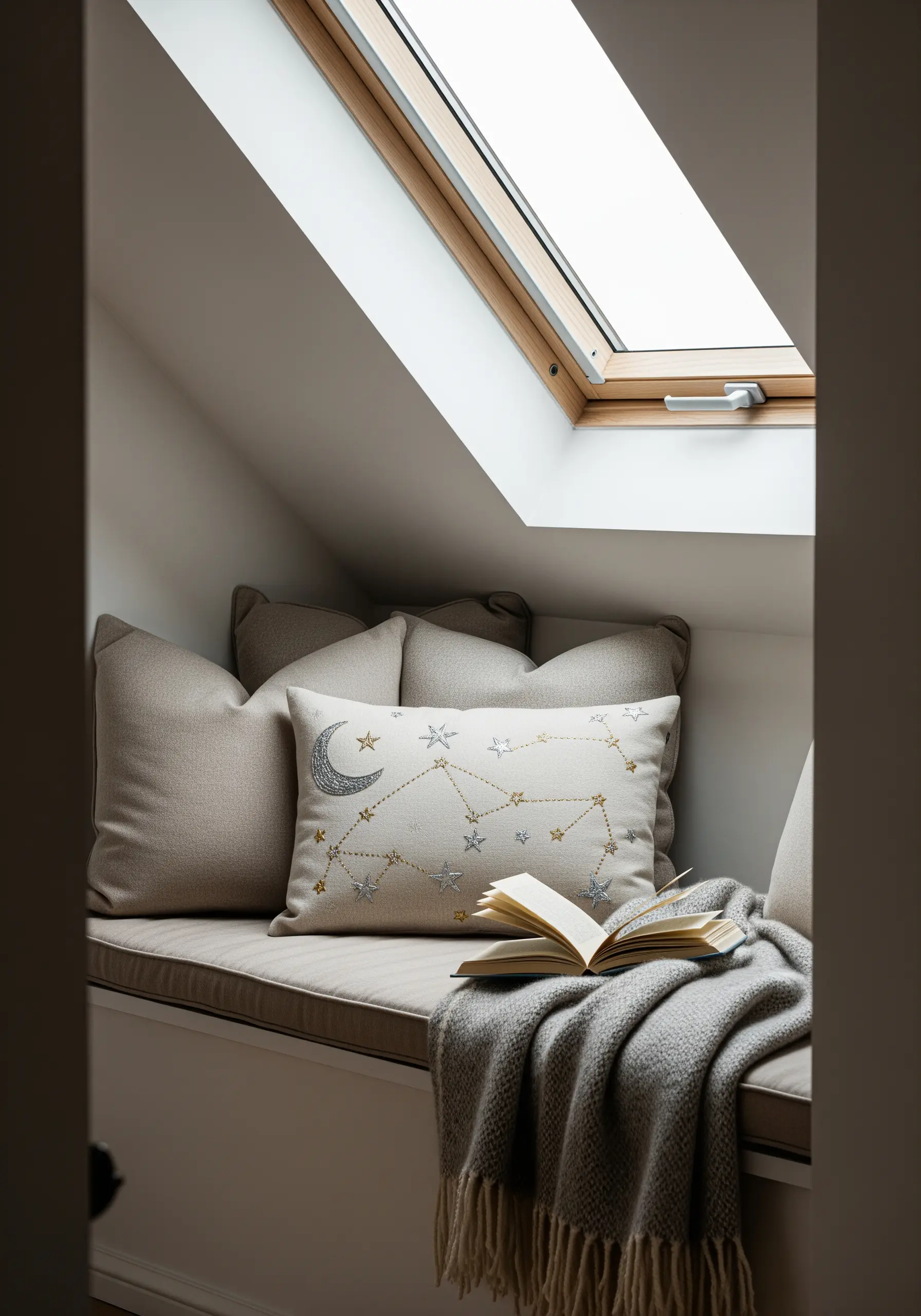 A constellation pattern stitched on a pillow with metallic thread and appliqué stars.