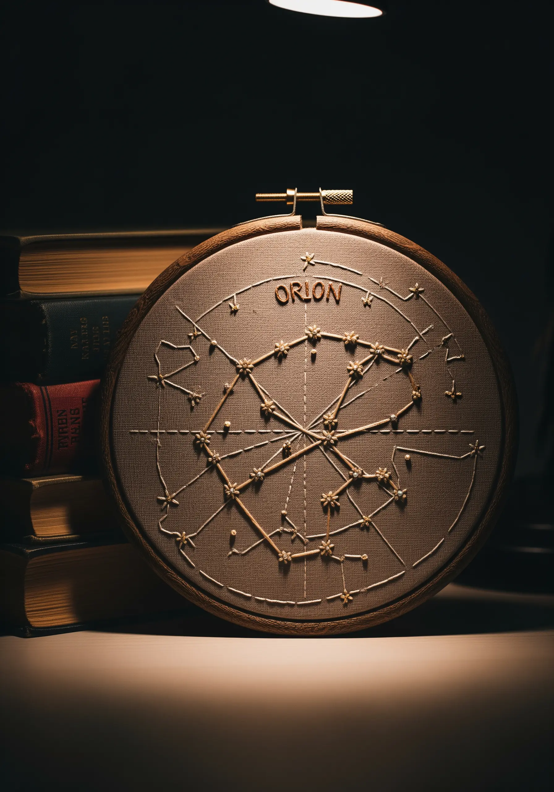 The Orion constellation embroidered in a hoop with connecting lines and star stitches.
