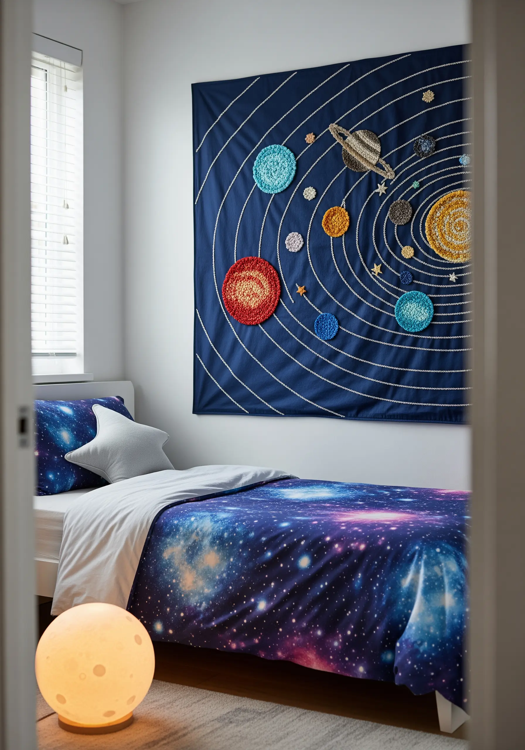 A large embroidered wall hanging of the solar system with textured, colorful planets.