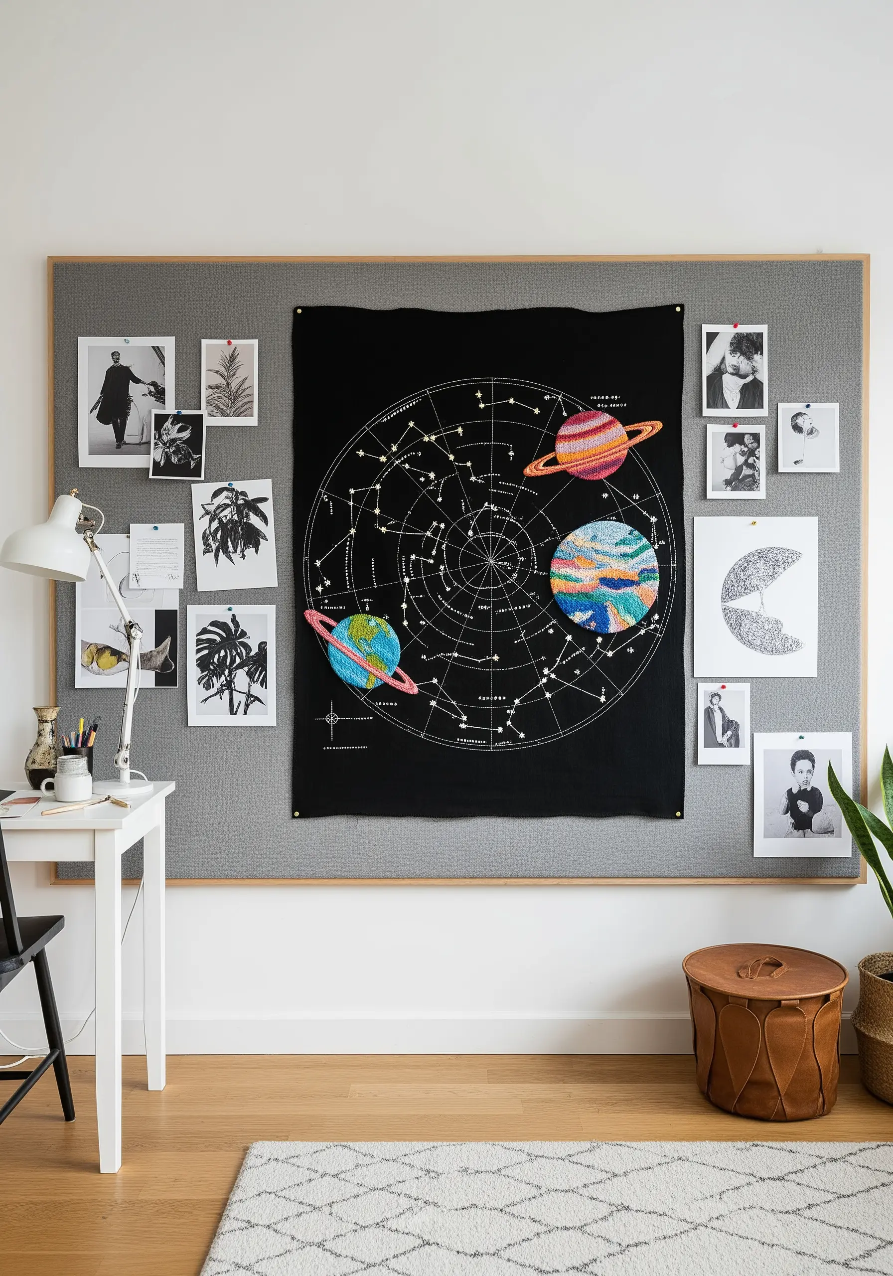 A large black tapestry of a constellation map with colorful embroidered planets.