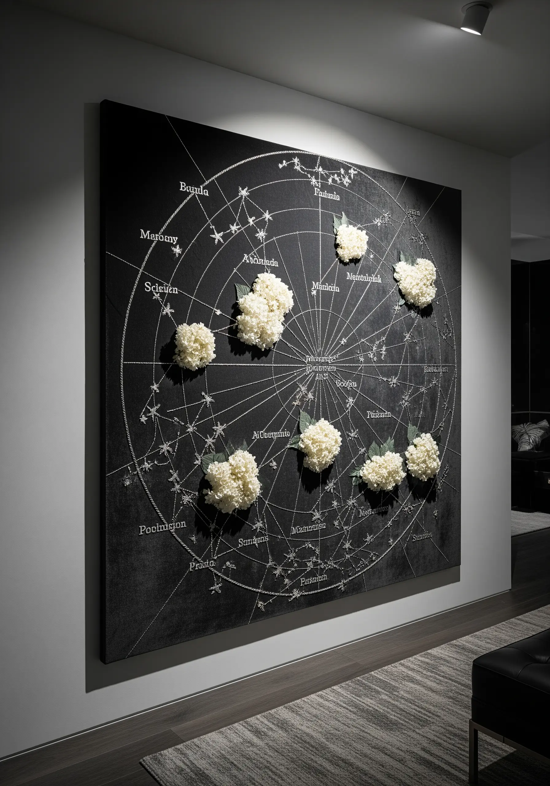 A celestial map embroidered in silver on black canvas, with clusters of white flowers as star points.
