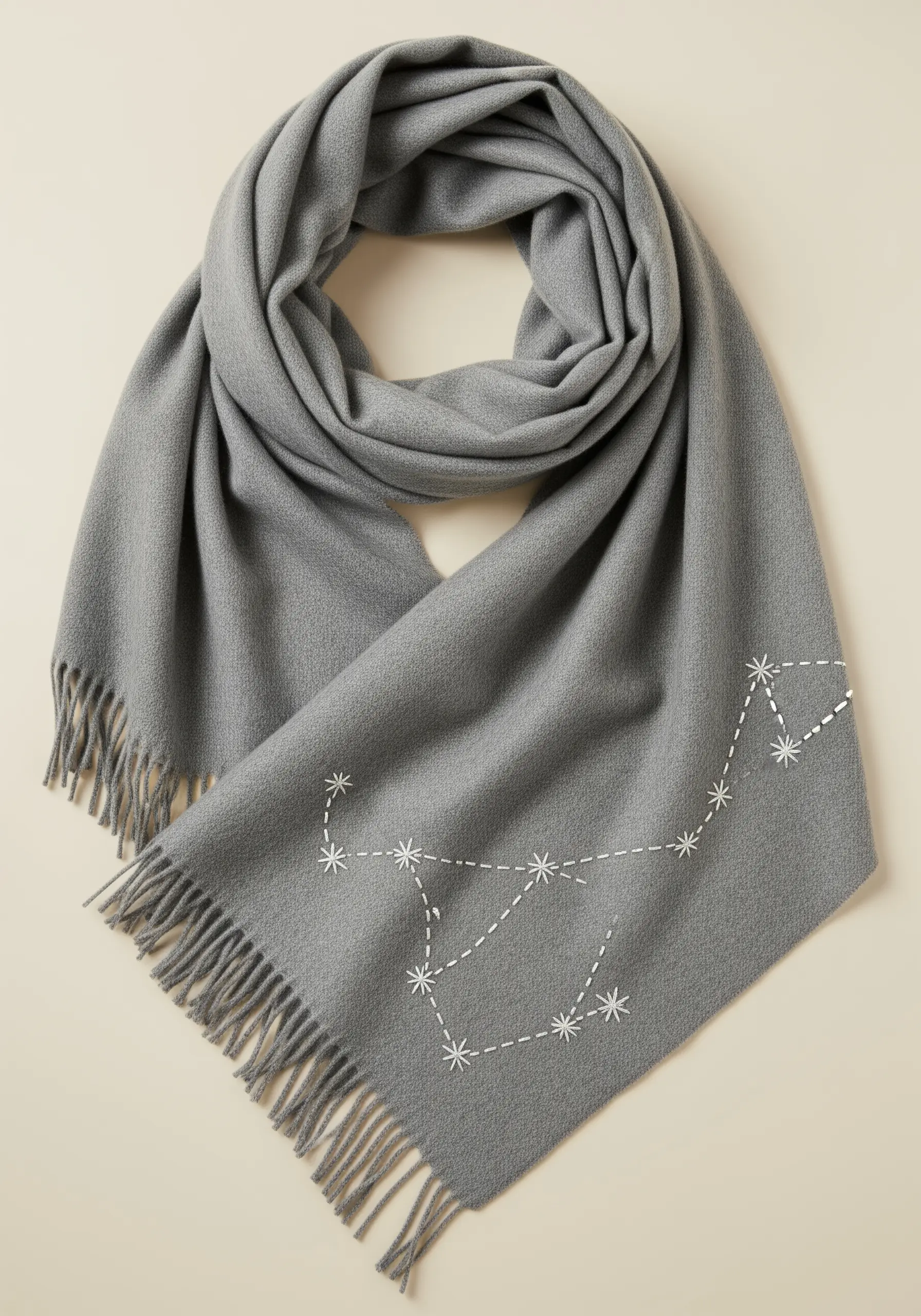 A constellation map embroidered in white thread on a grey woolen scarf, with French knot stars.