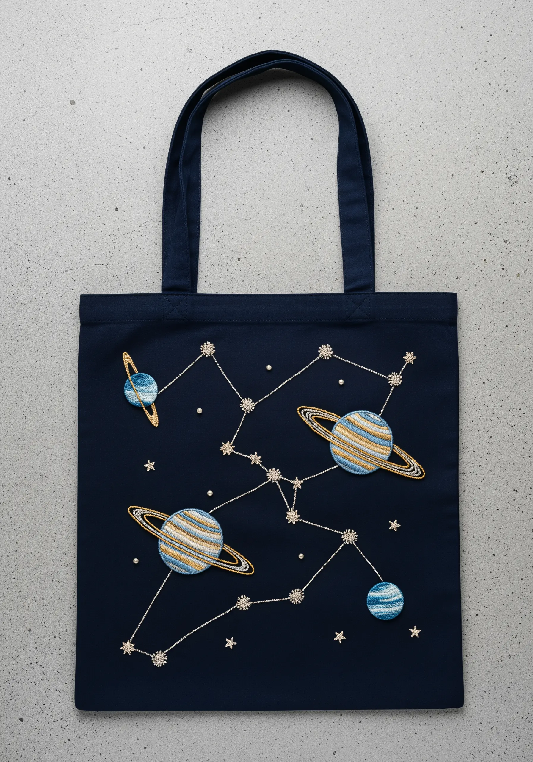 Embroidered planets and constellations with metallic thread on a navy tote bag