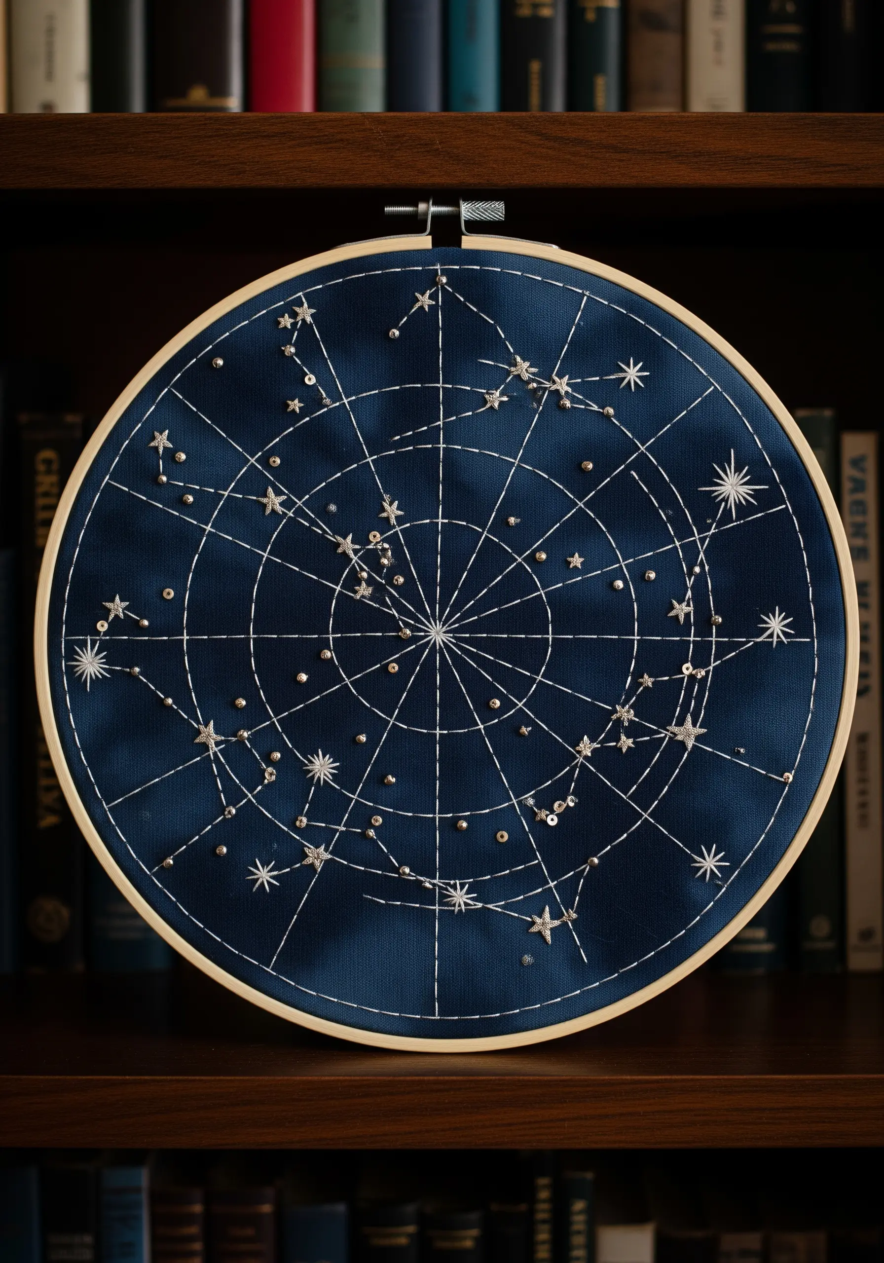 An embroidered constellation map on dark blue fabric, accented with small beads and sequins.