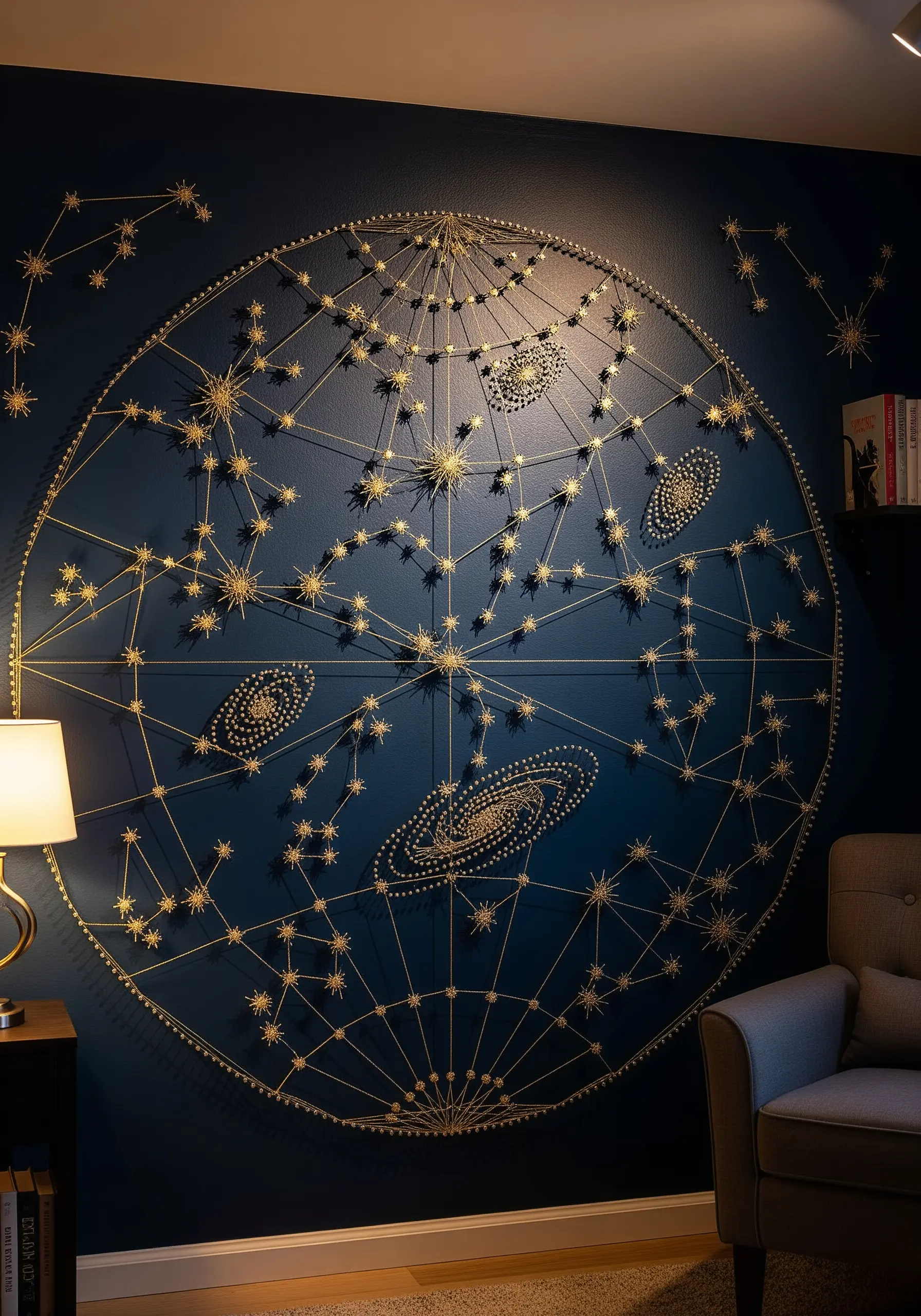 An intricate string art installation of constellations and galaxies made with gold thread on a dark wall.