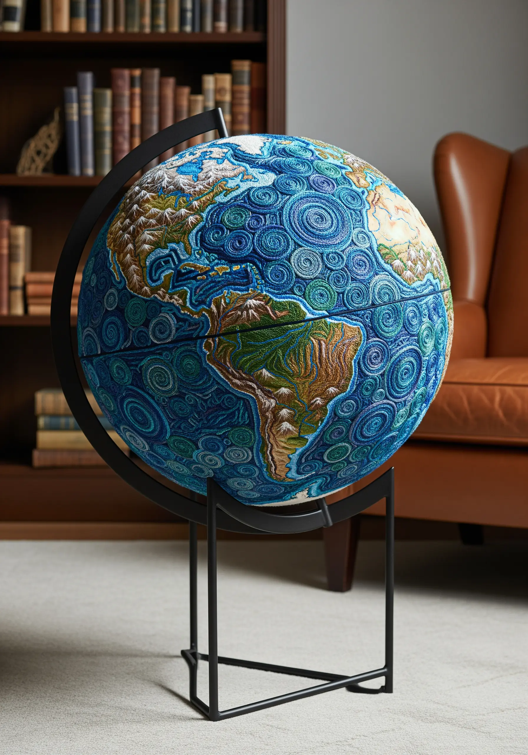 A globe entirely covered in detailed embroidery, with stitches swirling to show oceans and topography.