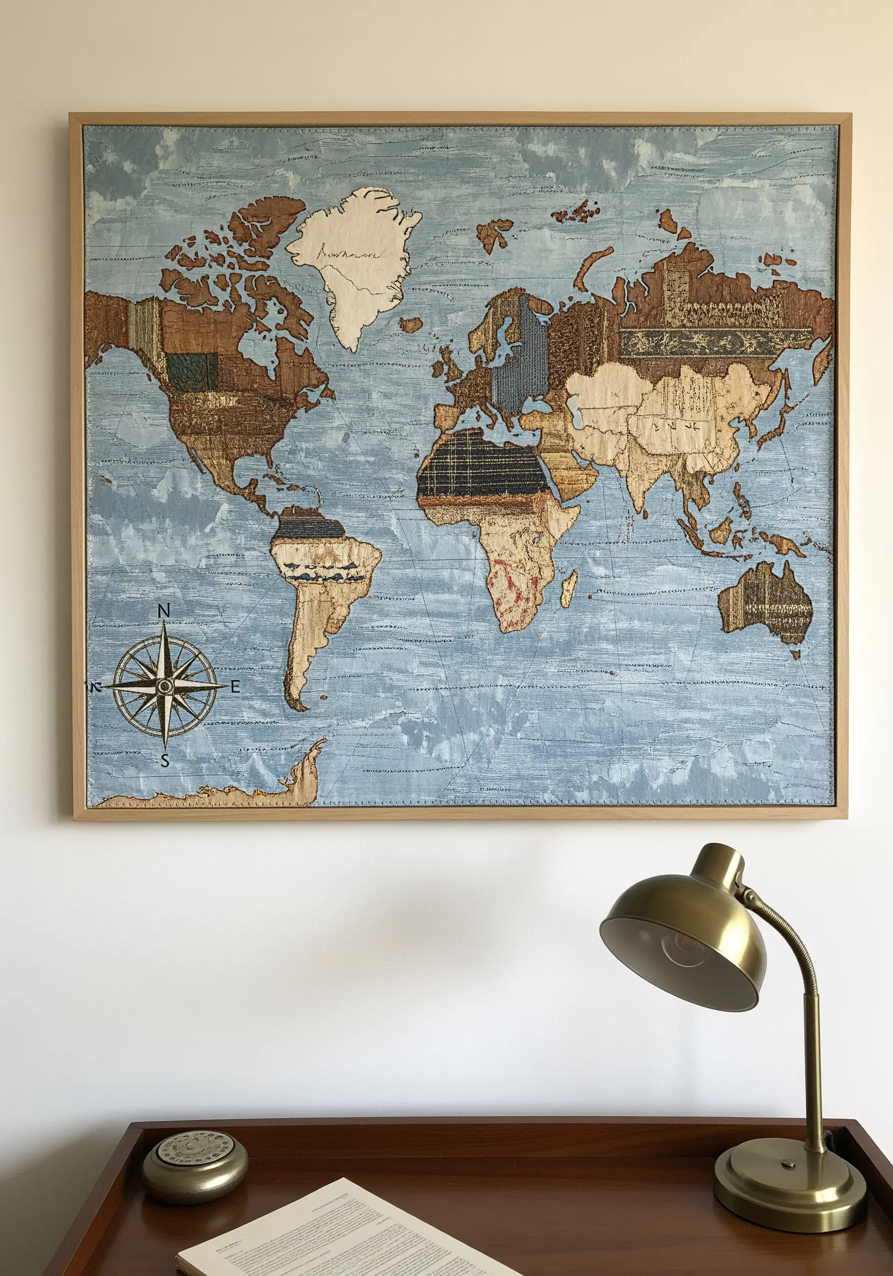 A framed world map made from a collage of patterned and textured fabrics on a blue background