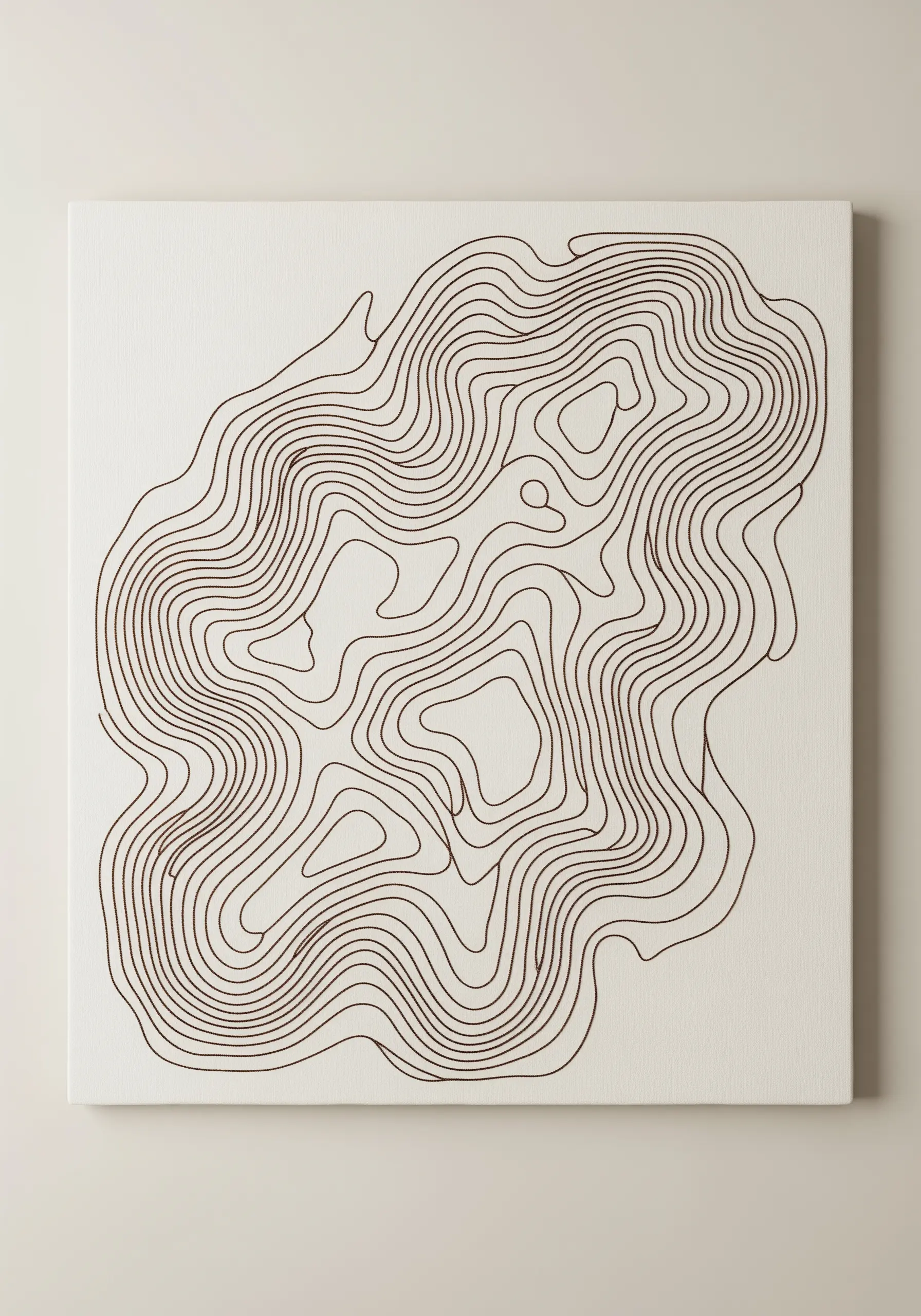 Minimalist embroidery of a topographic map in a single brown line on a white canvas.