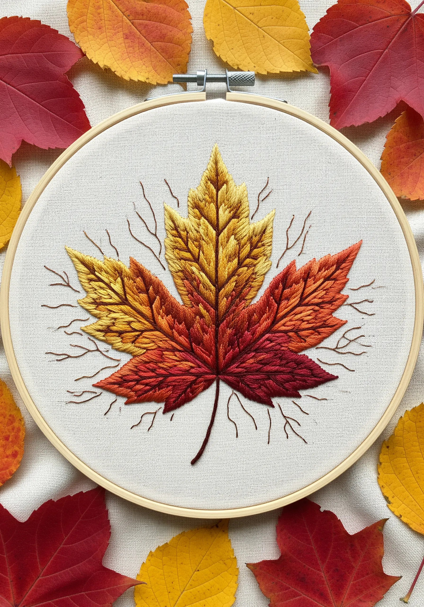 An autumn maple leaf embroidered with a yellow, orange, and red color gradient