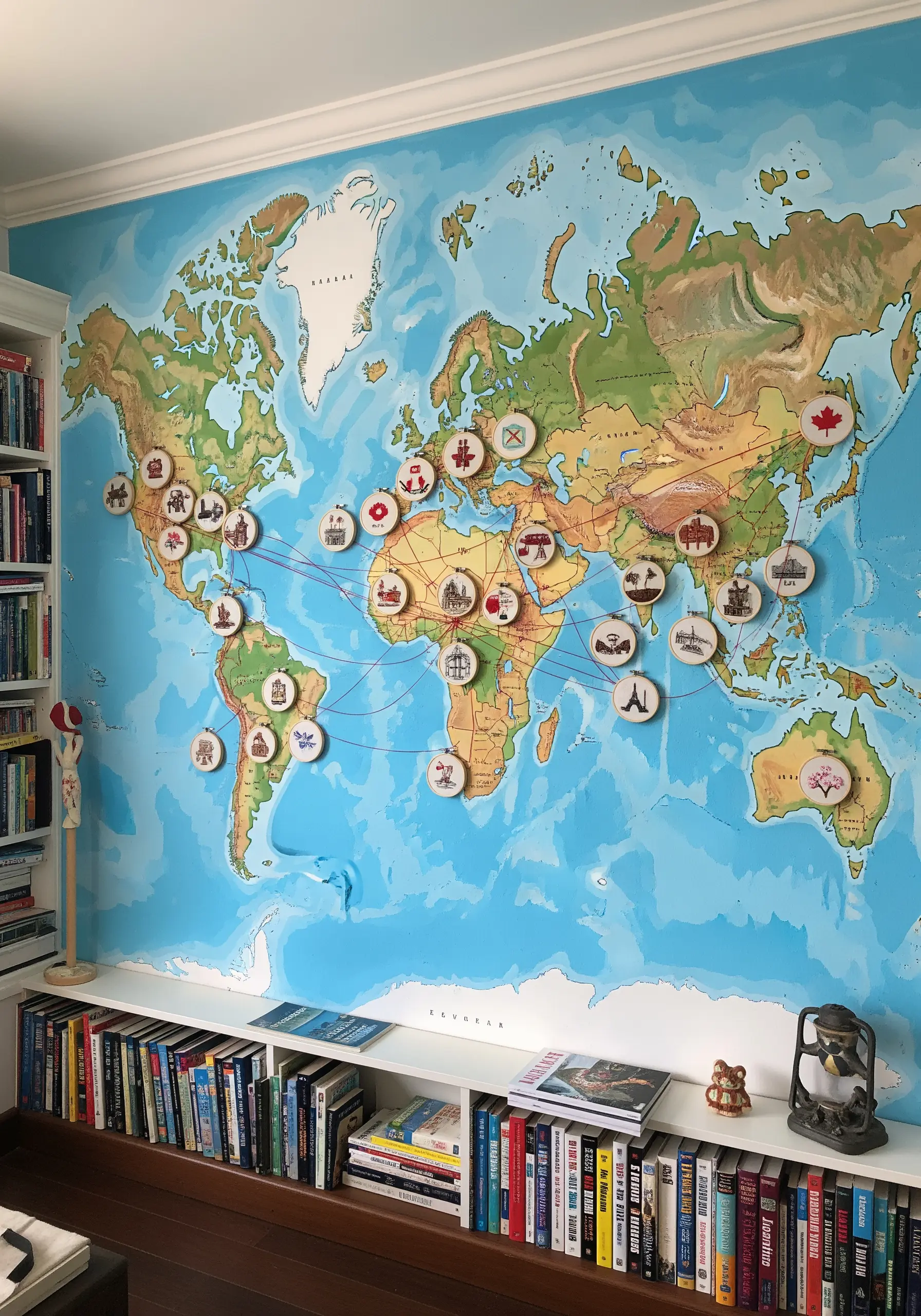 A large world map on a wall decorated with small embroidery hoops marking travel locations.