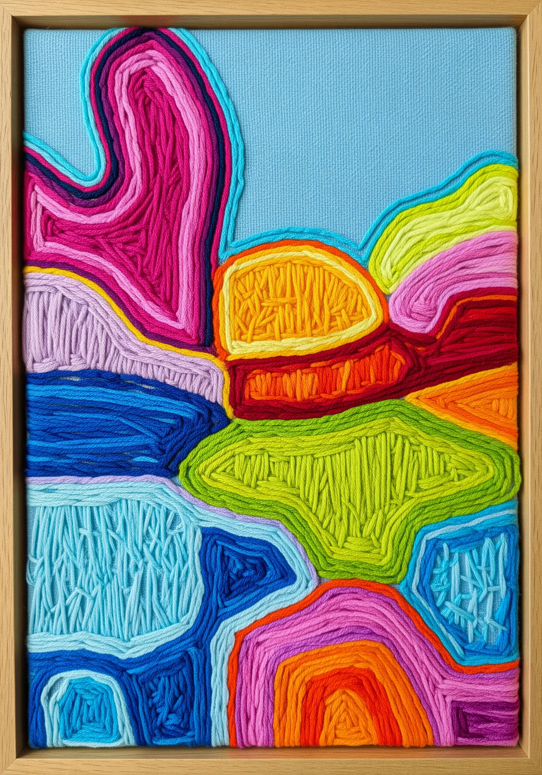 Abstract color-blocked embroidery with contoured shapes in vibrant colors.