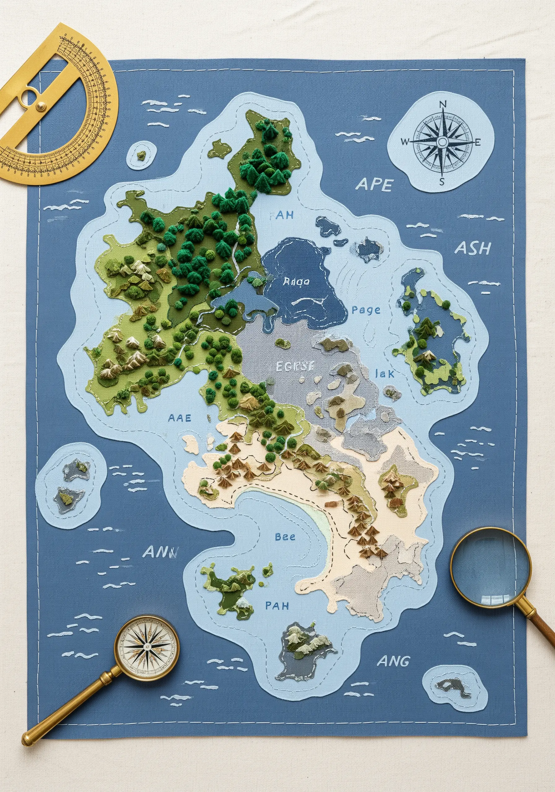 An embroidered map with islands made of fabric appliqué and textured stitches for forests and mountains.