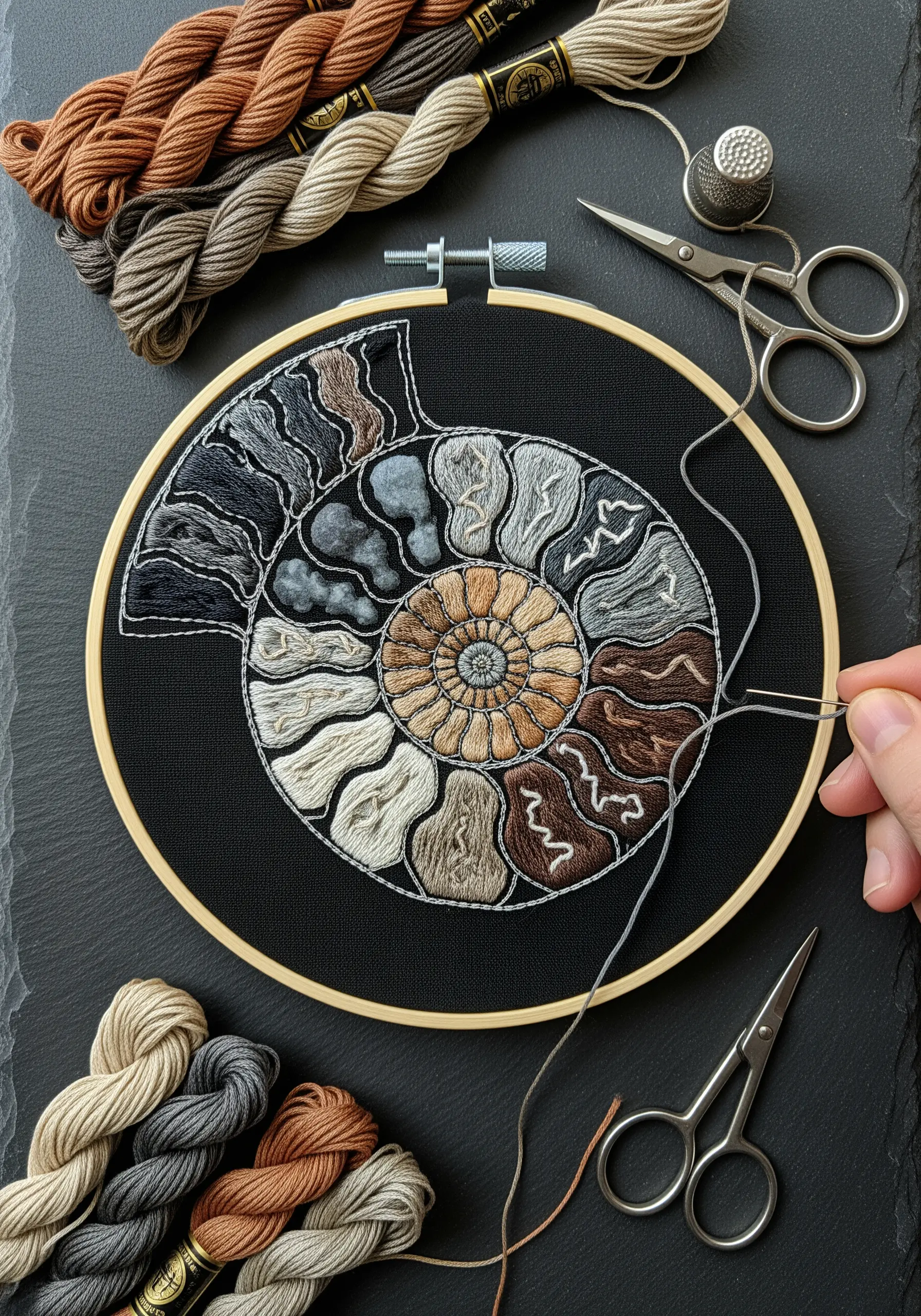 An embroidery of an ammonite fossil in a hoop, with sections filled with different stitches.