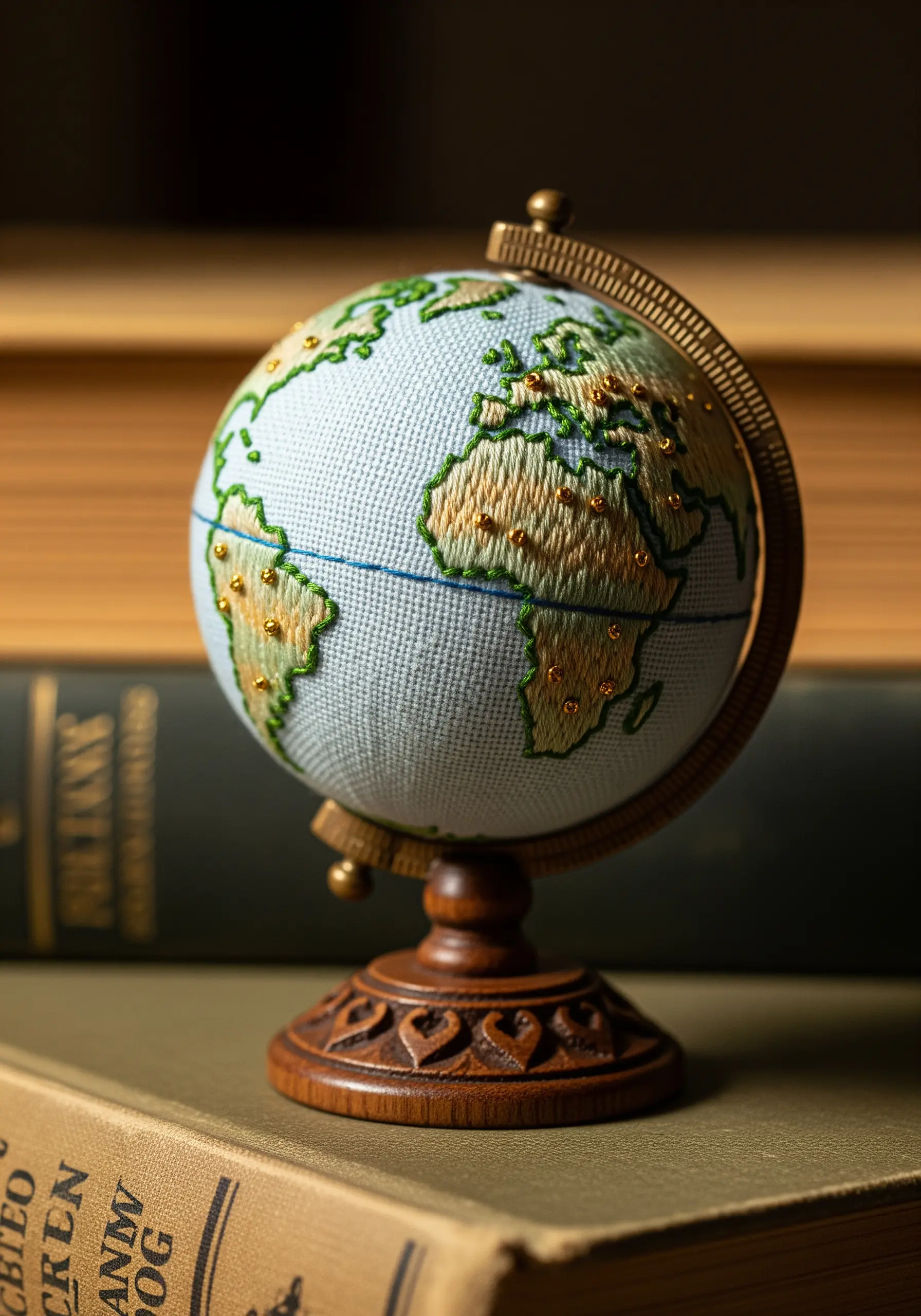Miniature globe with continents outlined in embroidery and marked with beads.