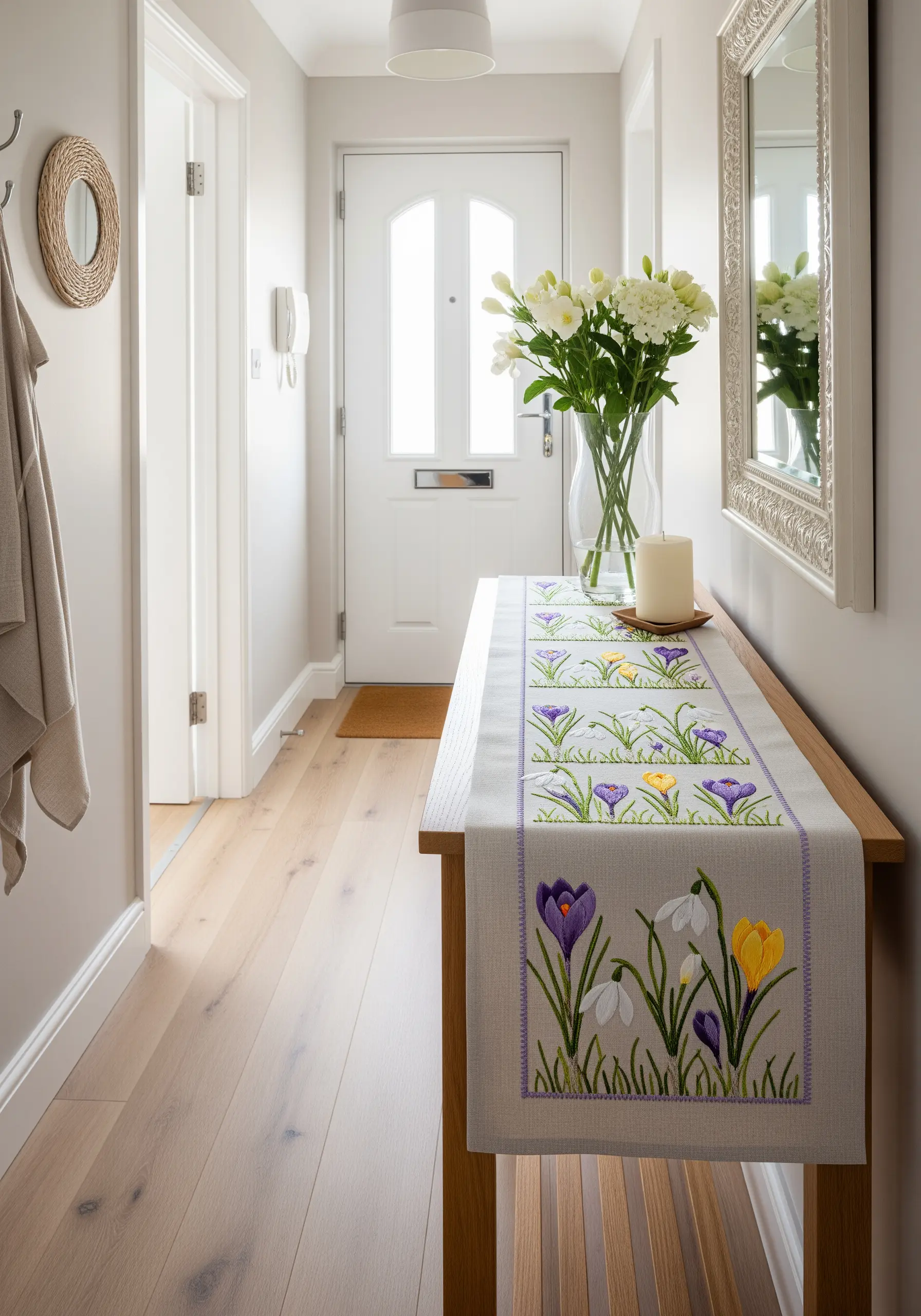 Embroidered table runner with purple, yellow, and white crocus and snowdrop flowers.