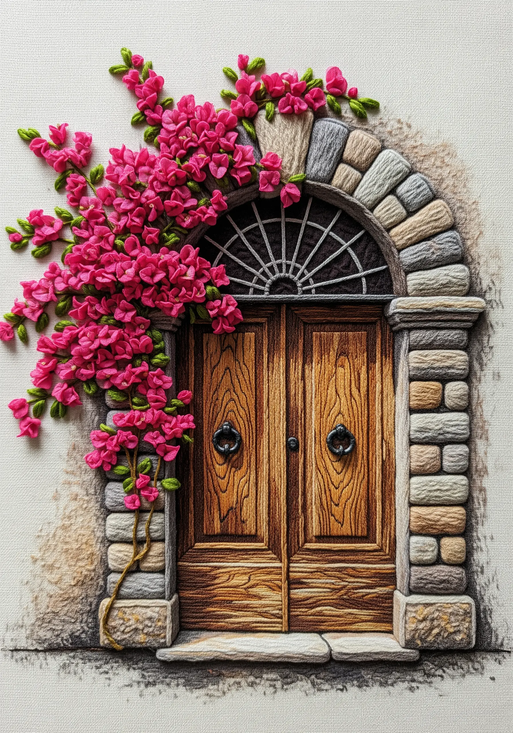 Embroidered doorway with thread-painted stone and 3D pink ribbon flowers.