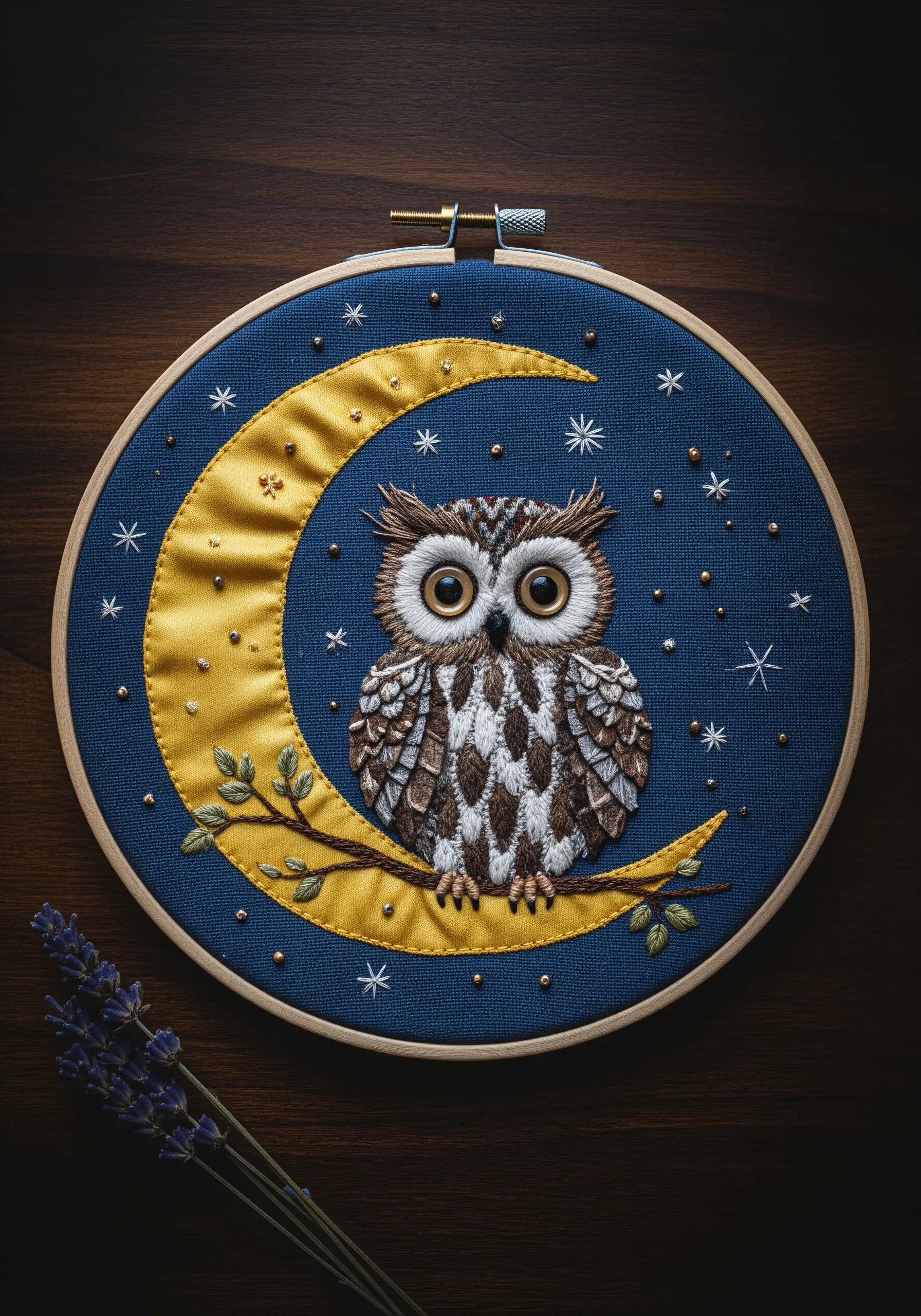Embroidery of an owl on a crescent moon, combining fabric appliqué and thread painting