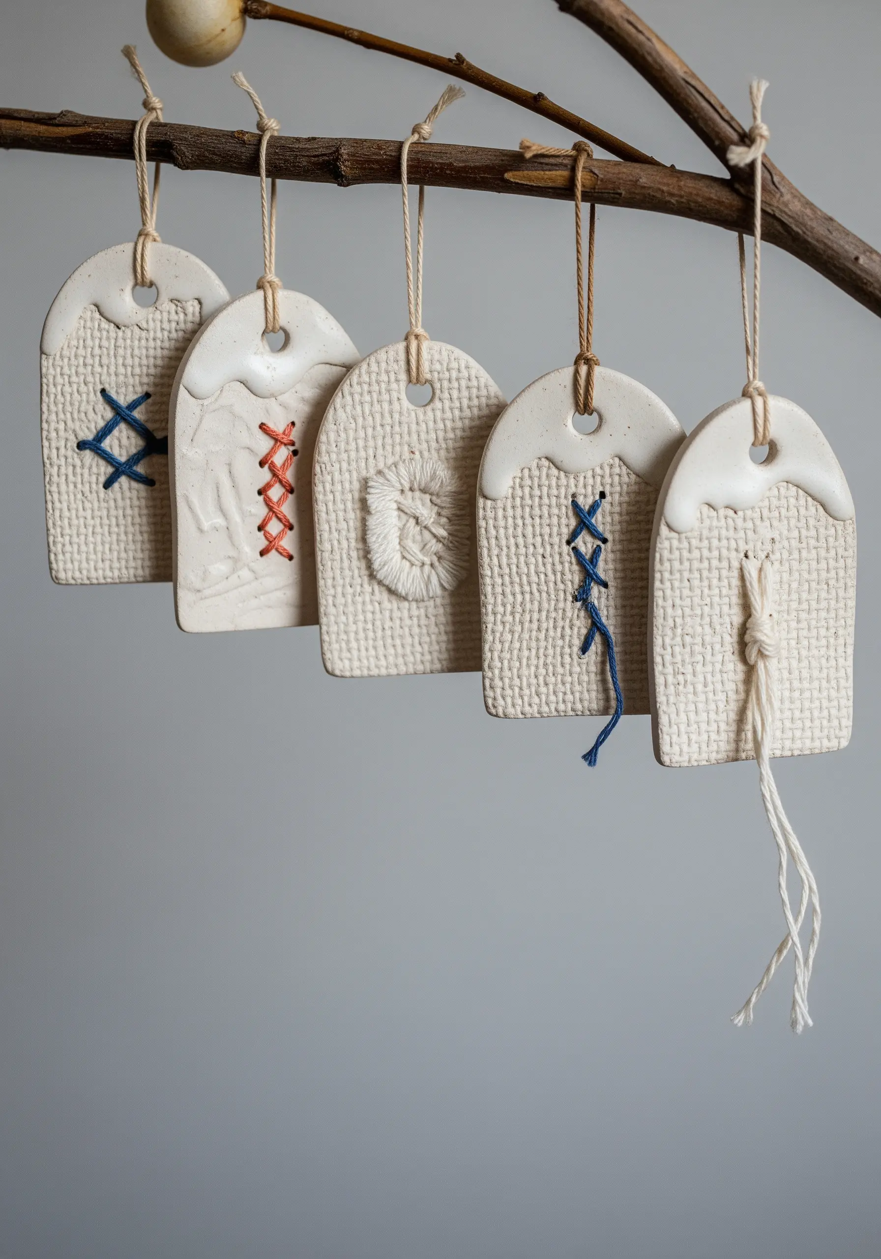 White ceramic tags with fabric texture, embellished with simple, colorful stitches.