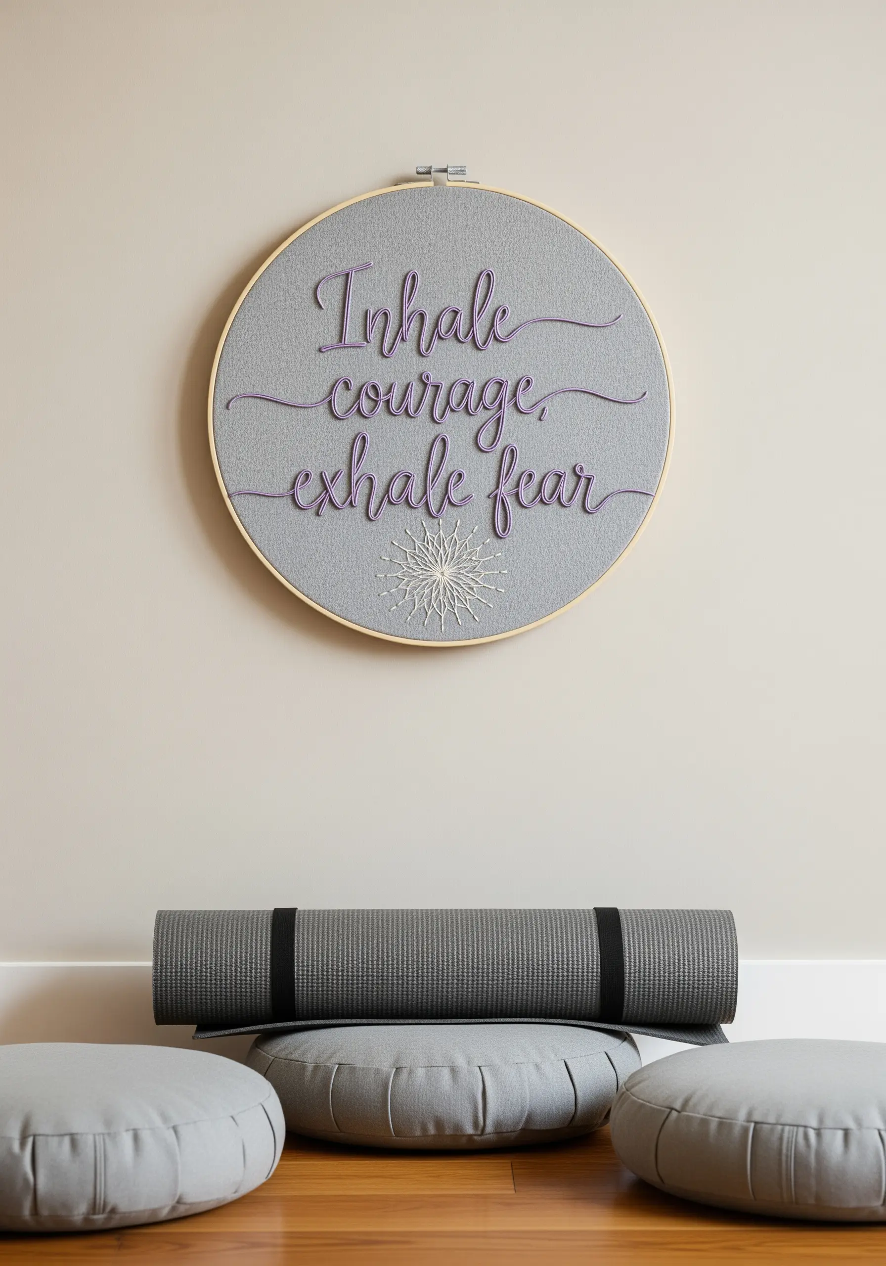 Meditative quote embroidered in purple script with a silver starburst motif.