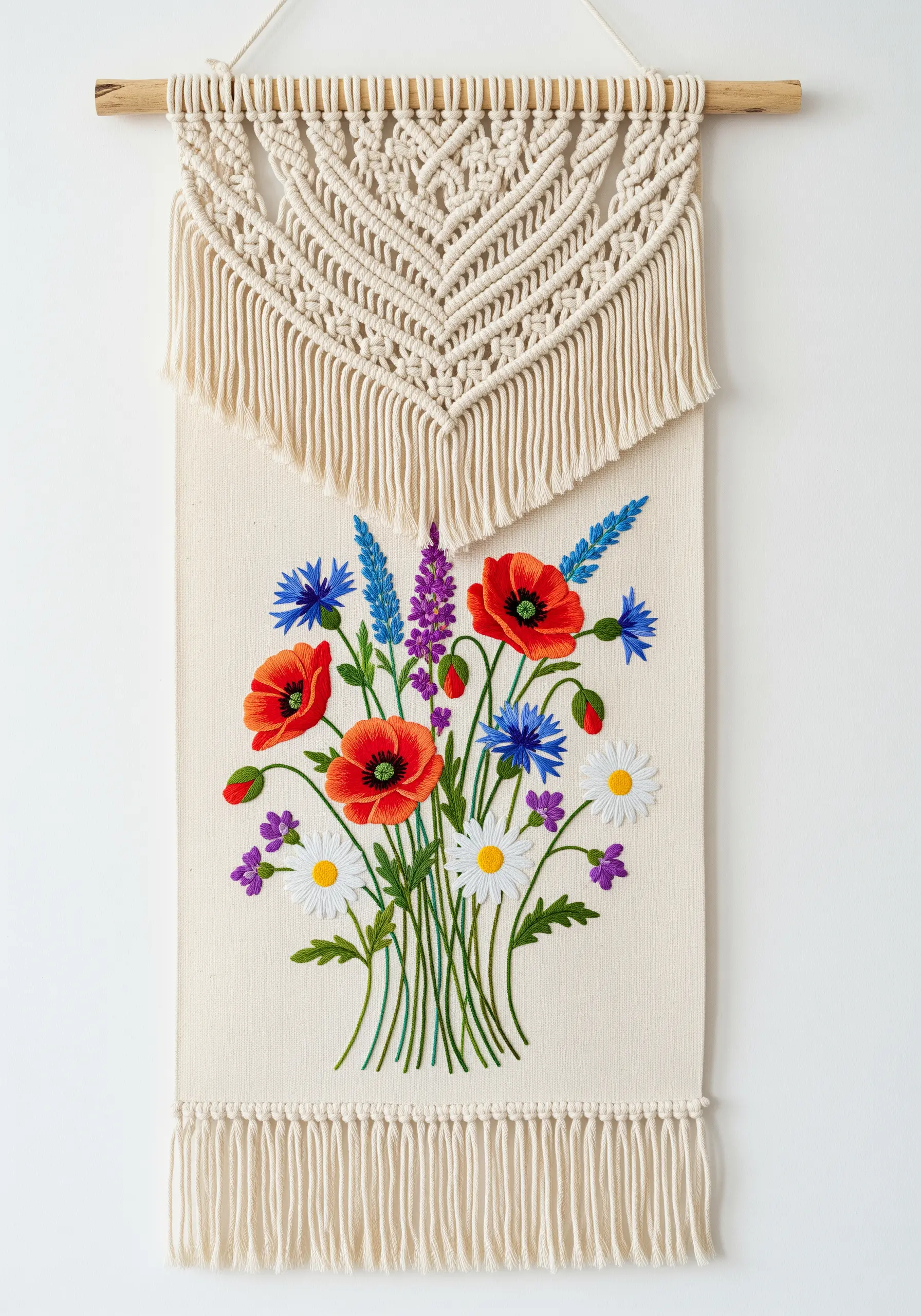 A wall hanging combining a macrame top with an embroidered canvas of colorful wildflowers.